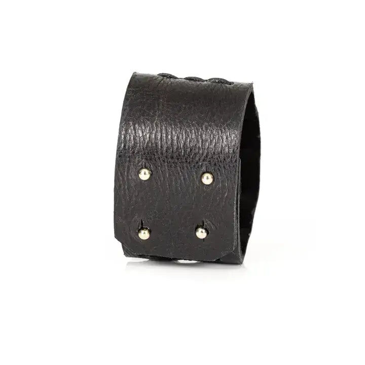 Worn Gold Stripe Leather Cuff Distressed Black Handmade