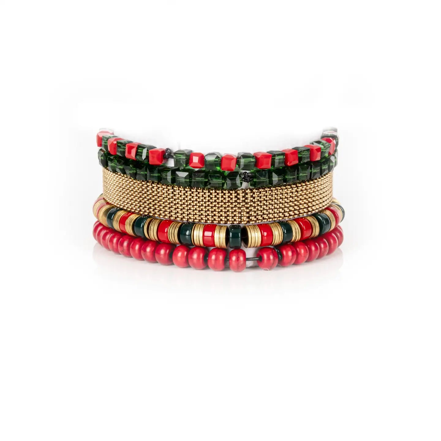 Emerald Fire Crystal & Gold Mesh Bracelet Stack