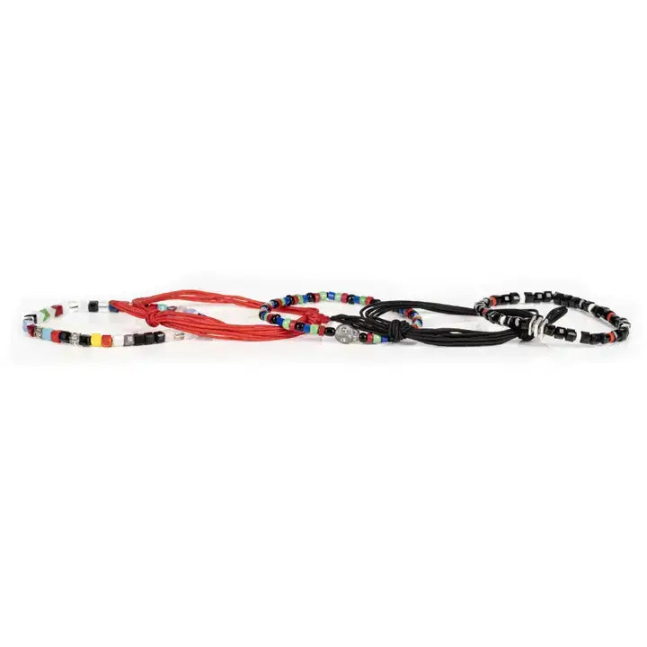 Black and red multi-layer men’s bracelet set featuring braided rope bands, faceted black geometric beads, metallic accents, and multicolor bead details on a light background.