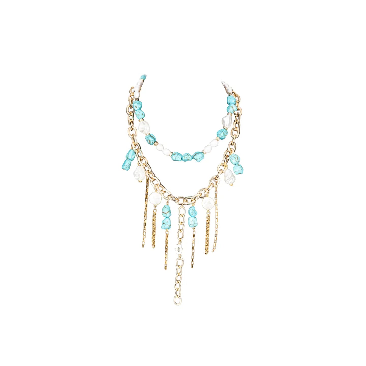 Layered turquoise and white beaded necklace with gold chain details and dangling chain accents on a white background.
