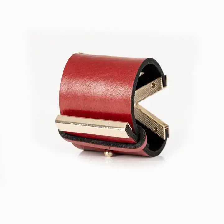 Red Leather Cuff Bracelet with Bold Gold Chevron Design