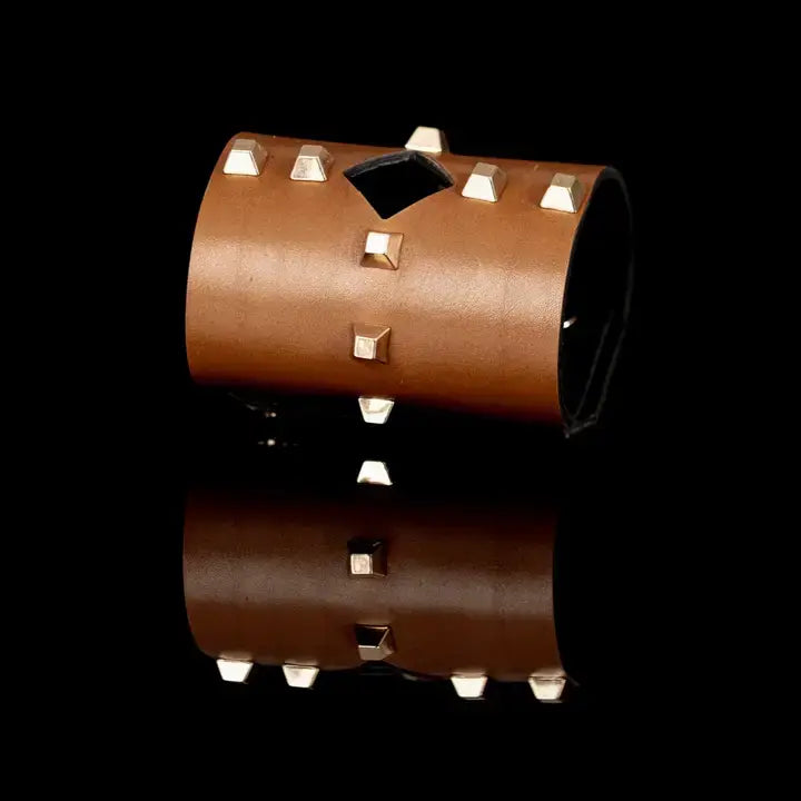 Brown Leather Cut-Out Studded Wide Cuff Bracelet