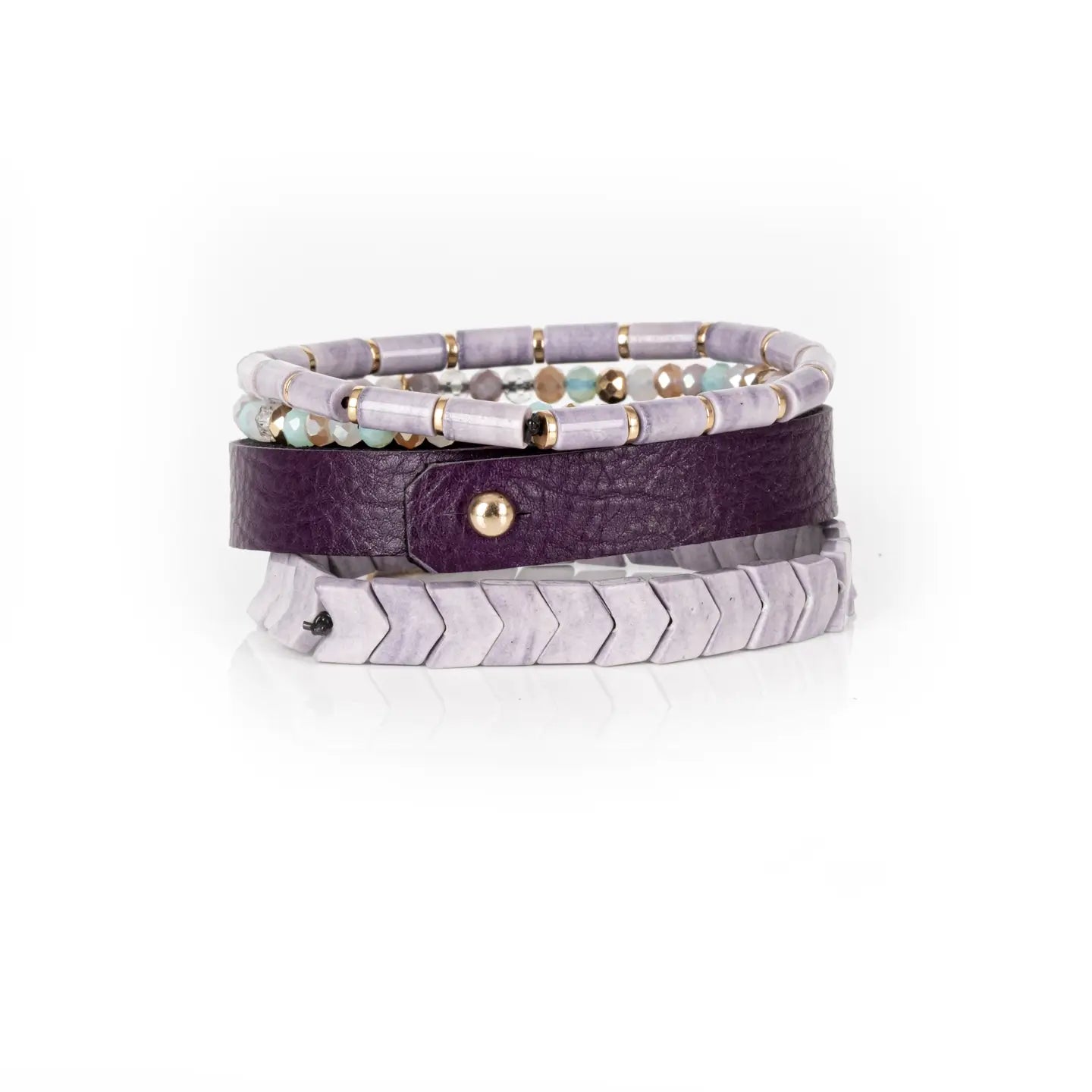 Amethyst Mosaic Leather Bracelet Stack Lilac Mint & Gold