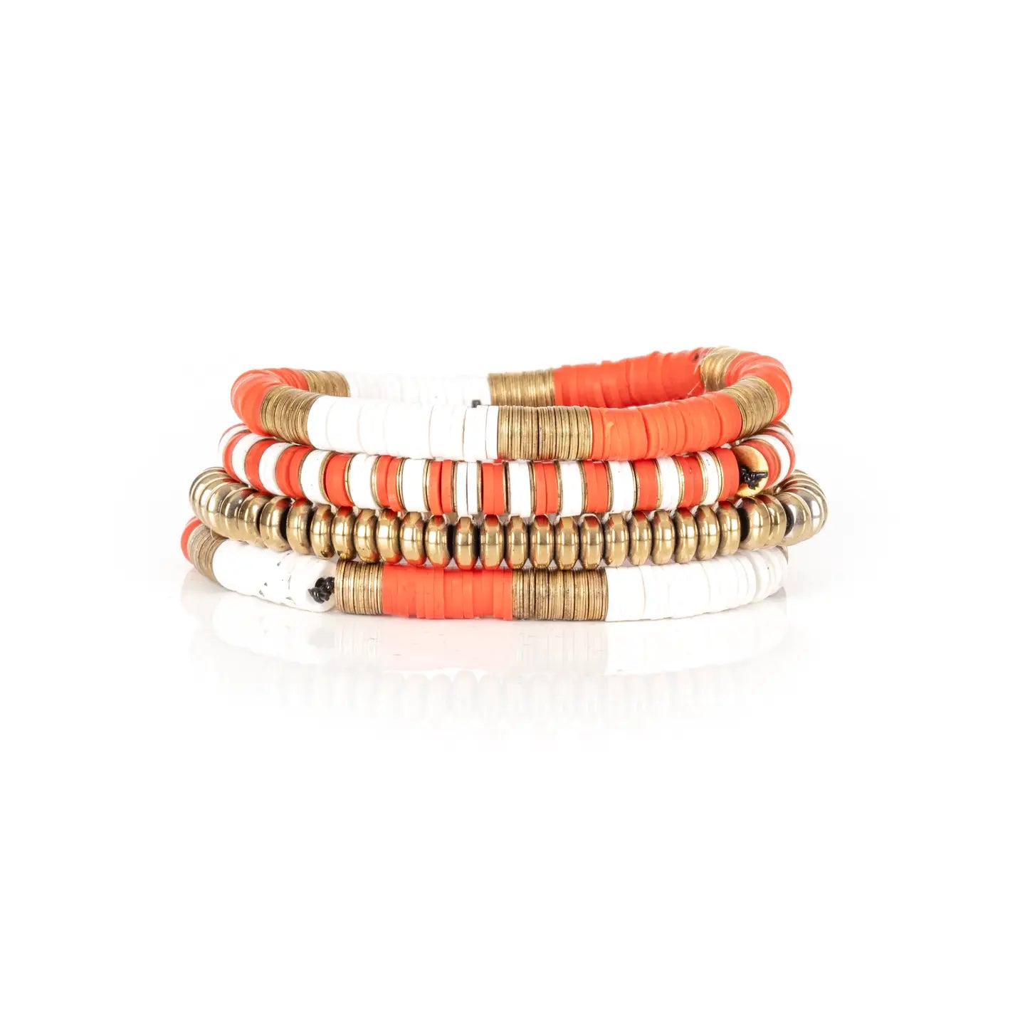 Coral + White Bracelet Stack Heishi Disc Beads with Gold