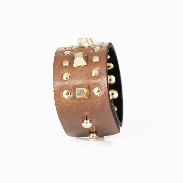 Studded Leather Statement Cuff Bronze Brown