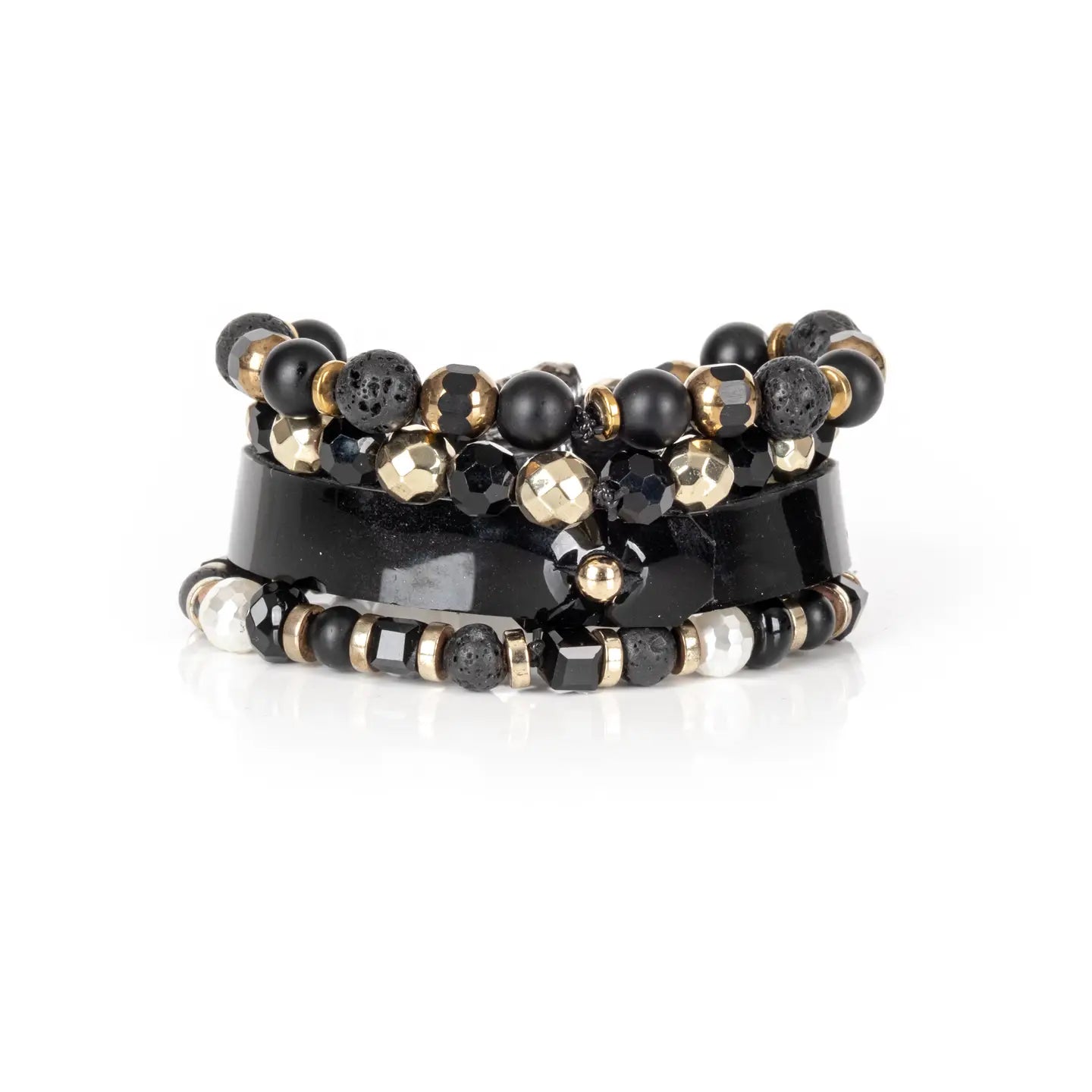 Black Leather & Bead Stack Bracelet Set Onyx Lava Stone