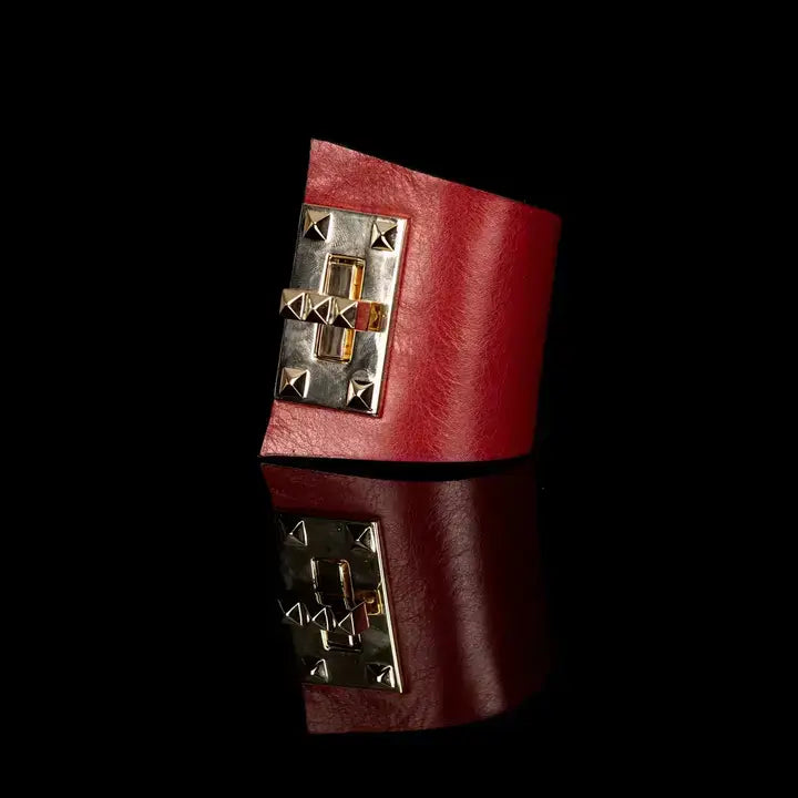 Wide Red Leather Cuff Bracelet with Gold Studded Turn