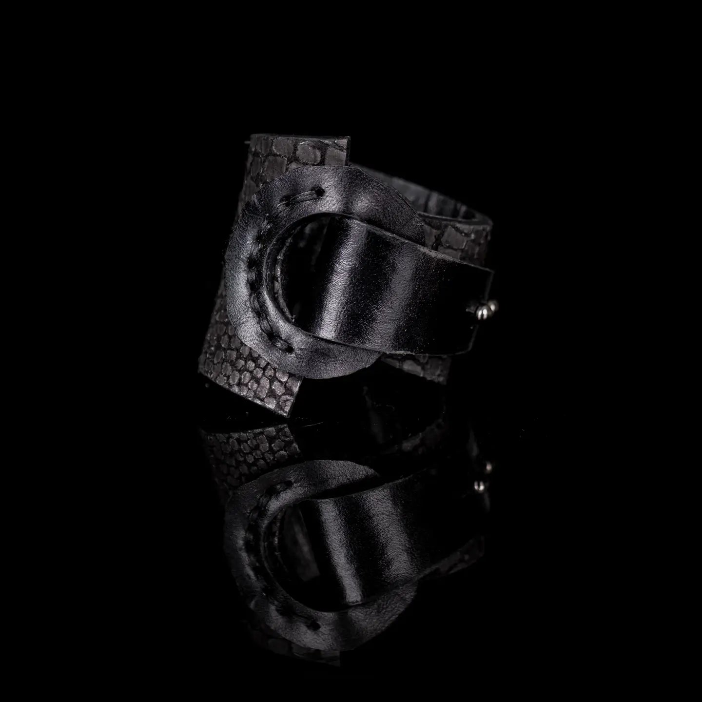 Black Reptile Texture Sculptural Leather Cuff