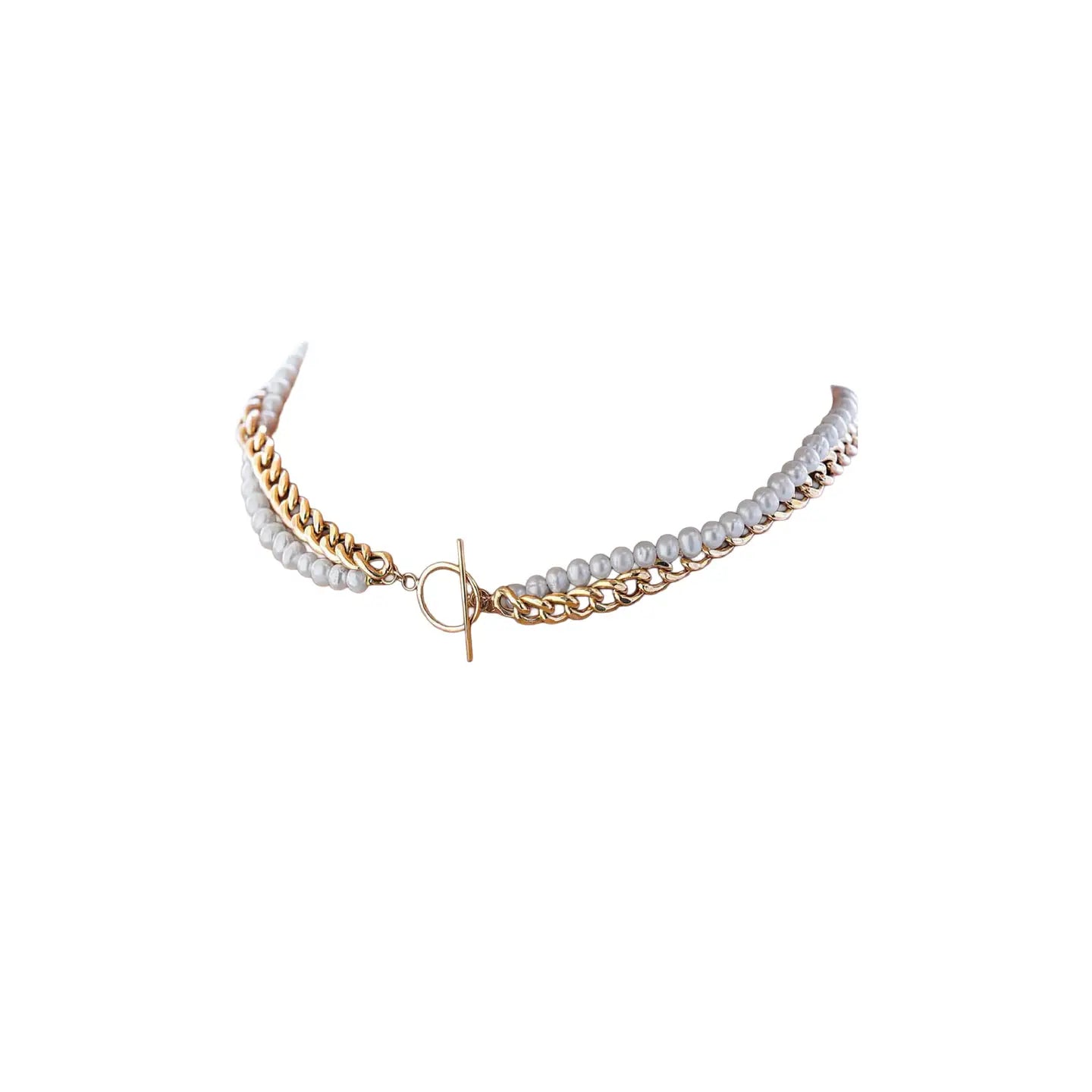 Double strand necklace with pearls and gold chain featuring a front toggle clasp on a white background.