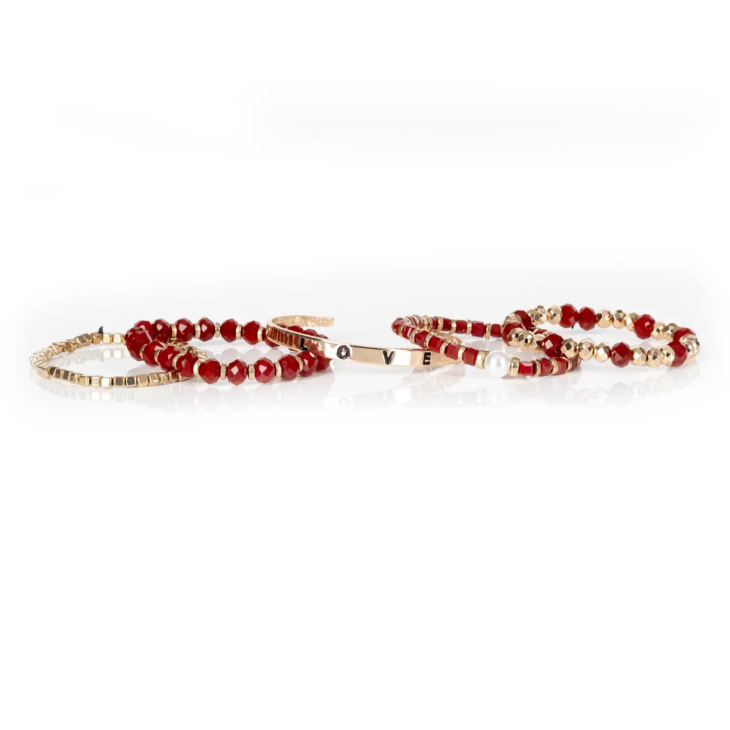 LOVE Red & Gold Beaded Bracelet Stack Pearl Charm Edition