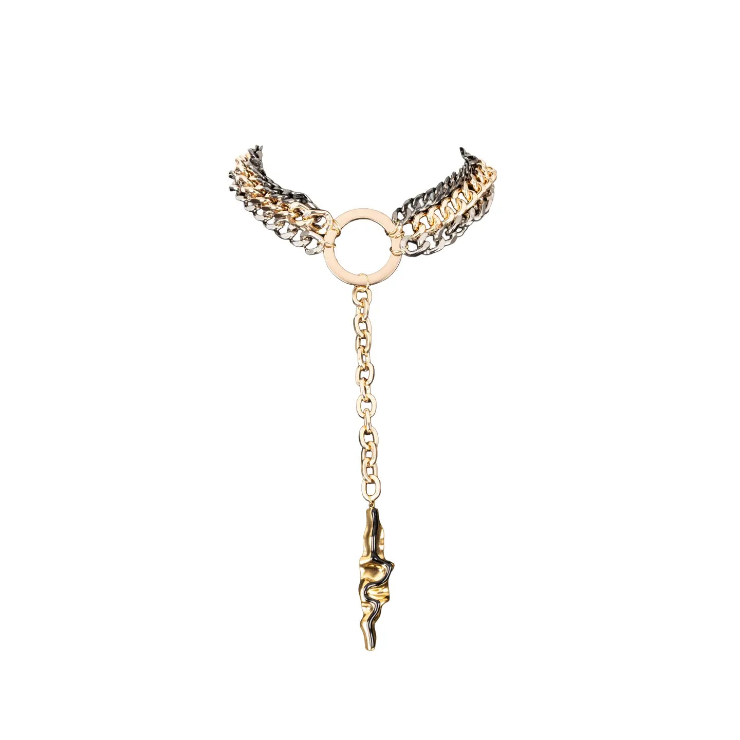 Mixed metal chain necklace with central ring and long drop pendant in gold and gunmetal tones on white background.