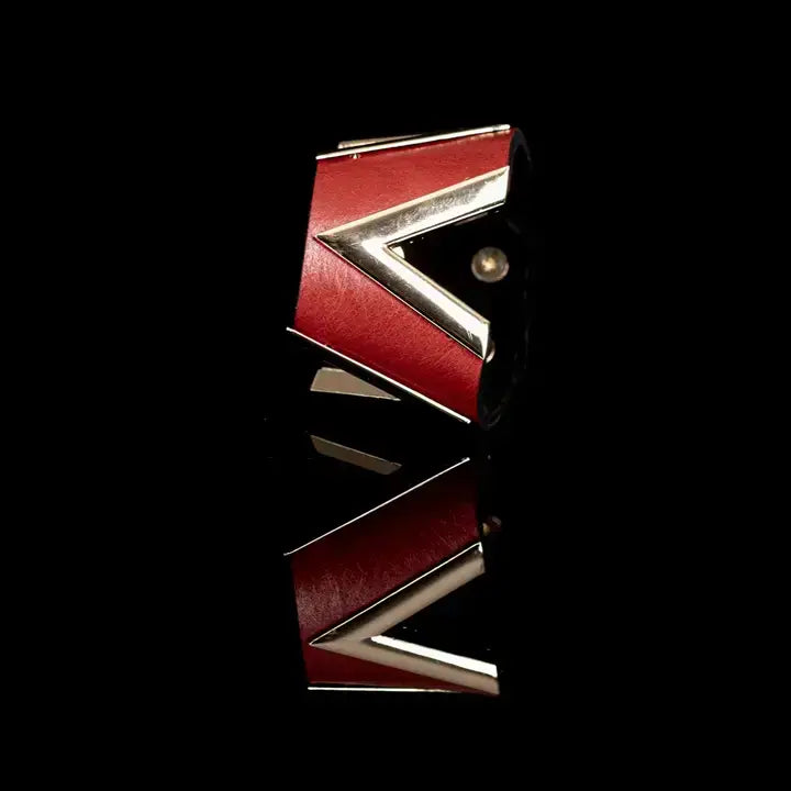 Red Leather Cuff Bracelet with Gold Chevron Detail