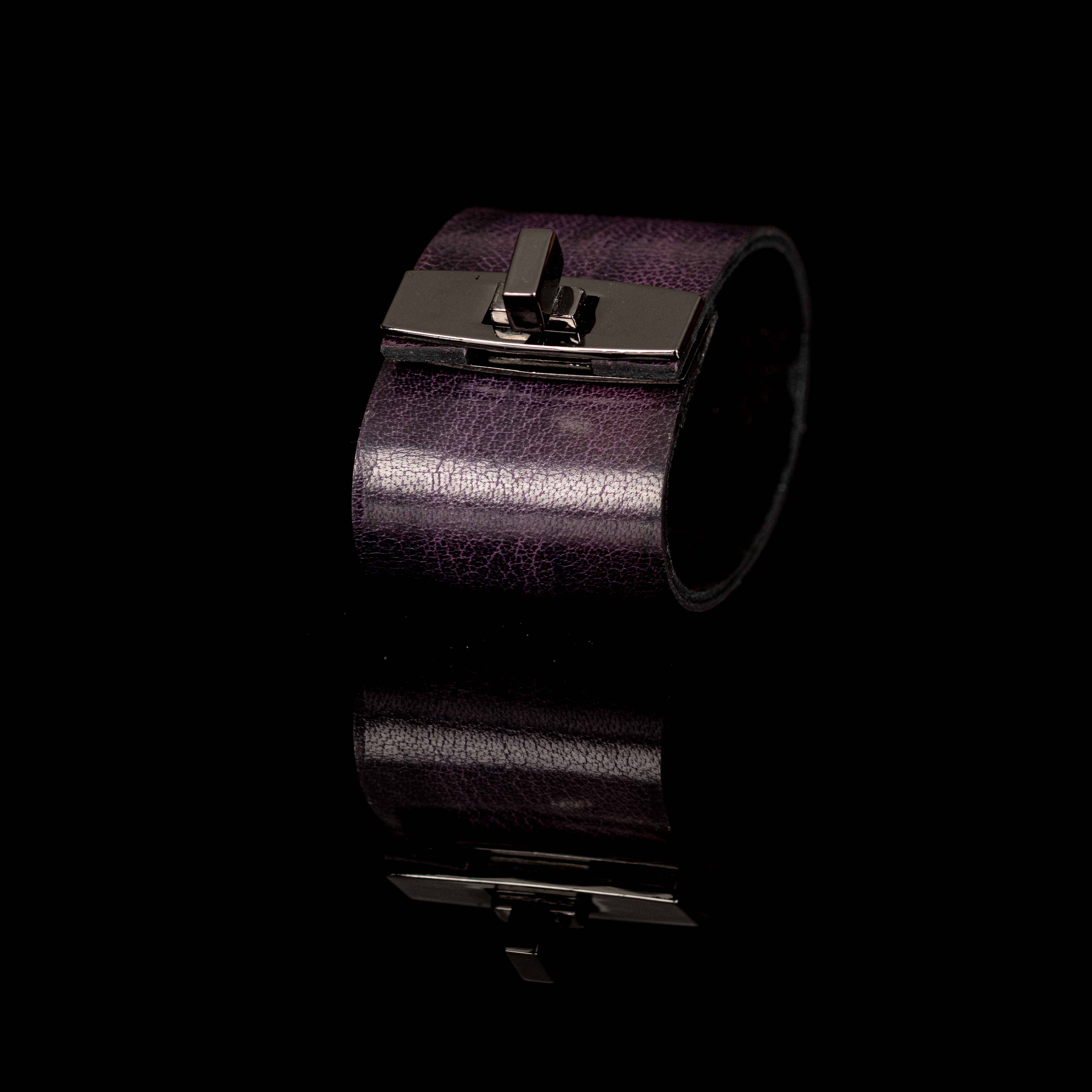 Turnlock Leather Cuff Deep Plum Statement Bracelet