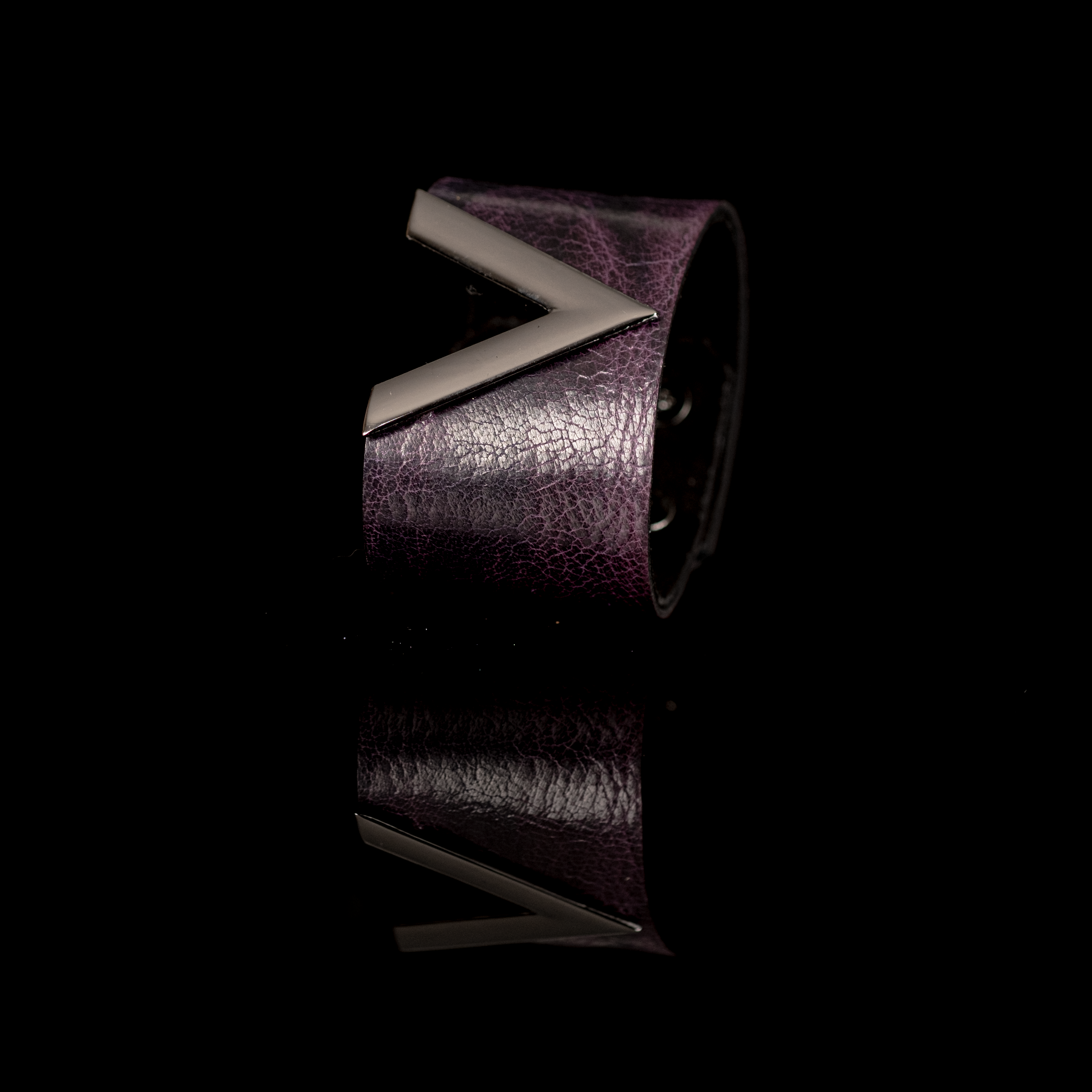 V-Edge Leather Cuff Bold Plum Bracelet with Metallic Accent
