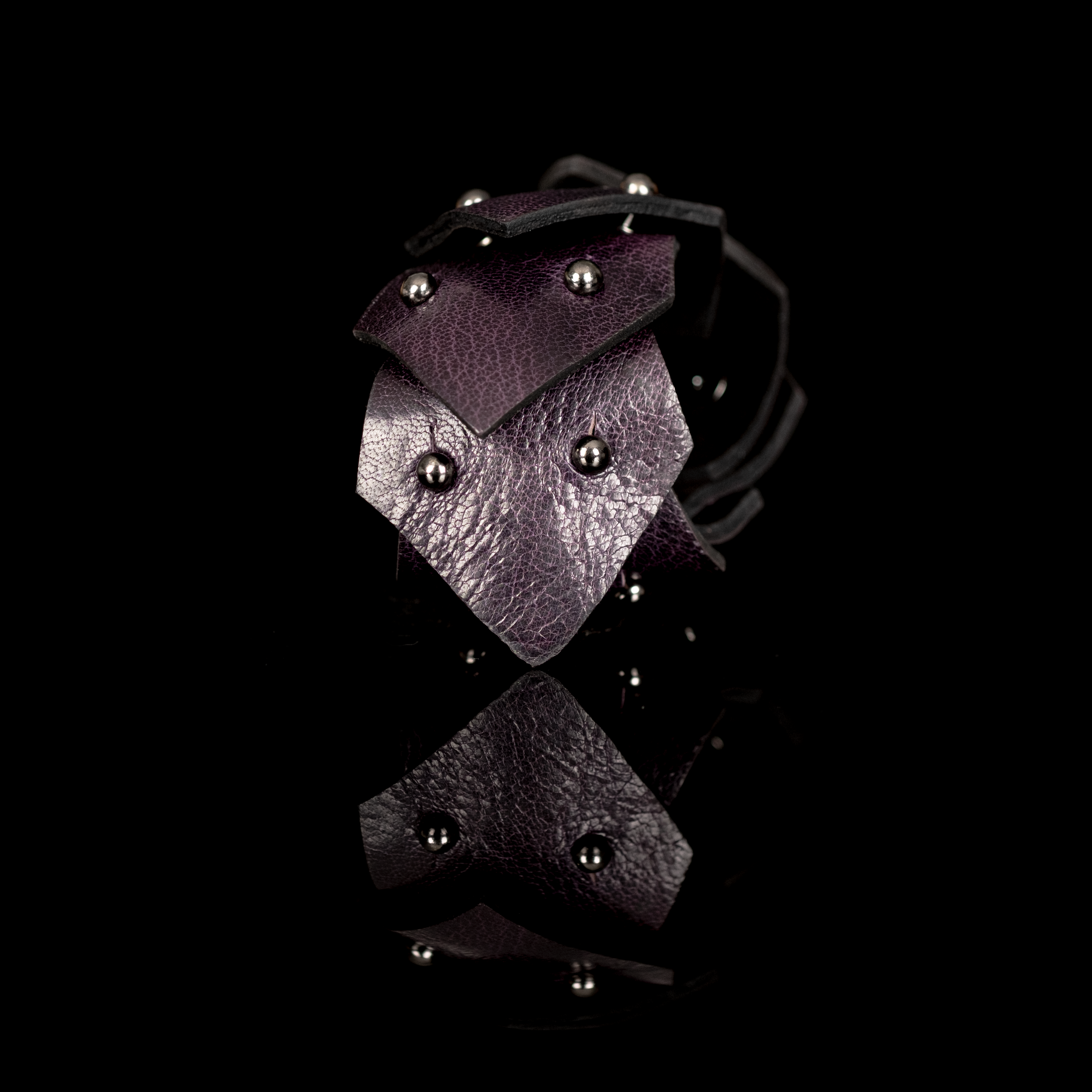 Sculpted Petal Cuff Textured Plum Leather & Silver Studs