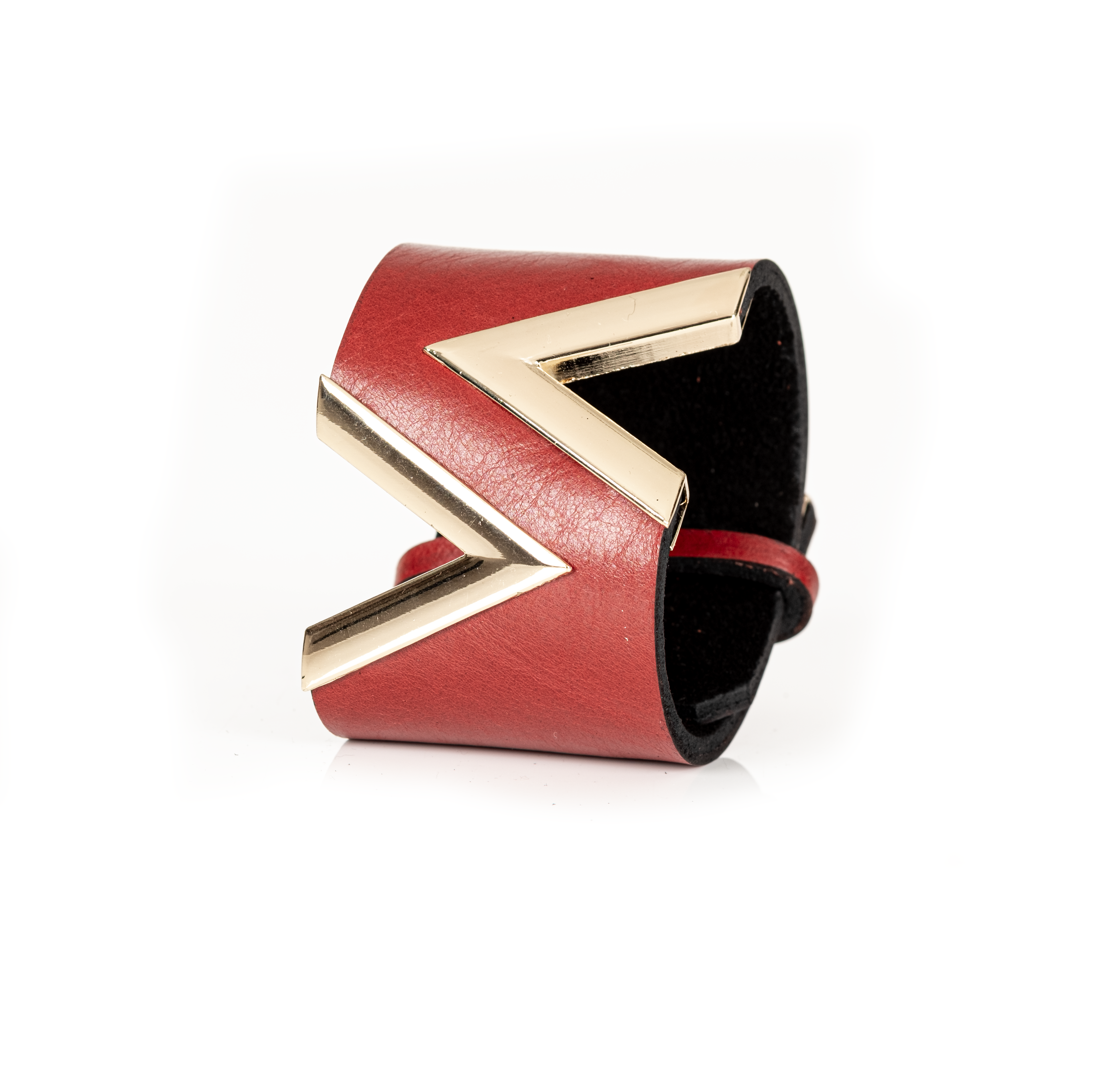 Red Leather Cuff Bracelet with Bold Gold Chevron Design