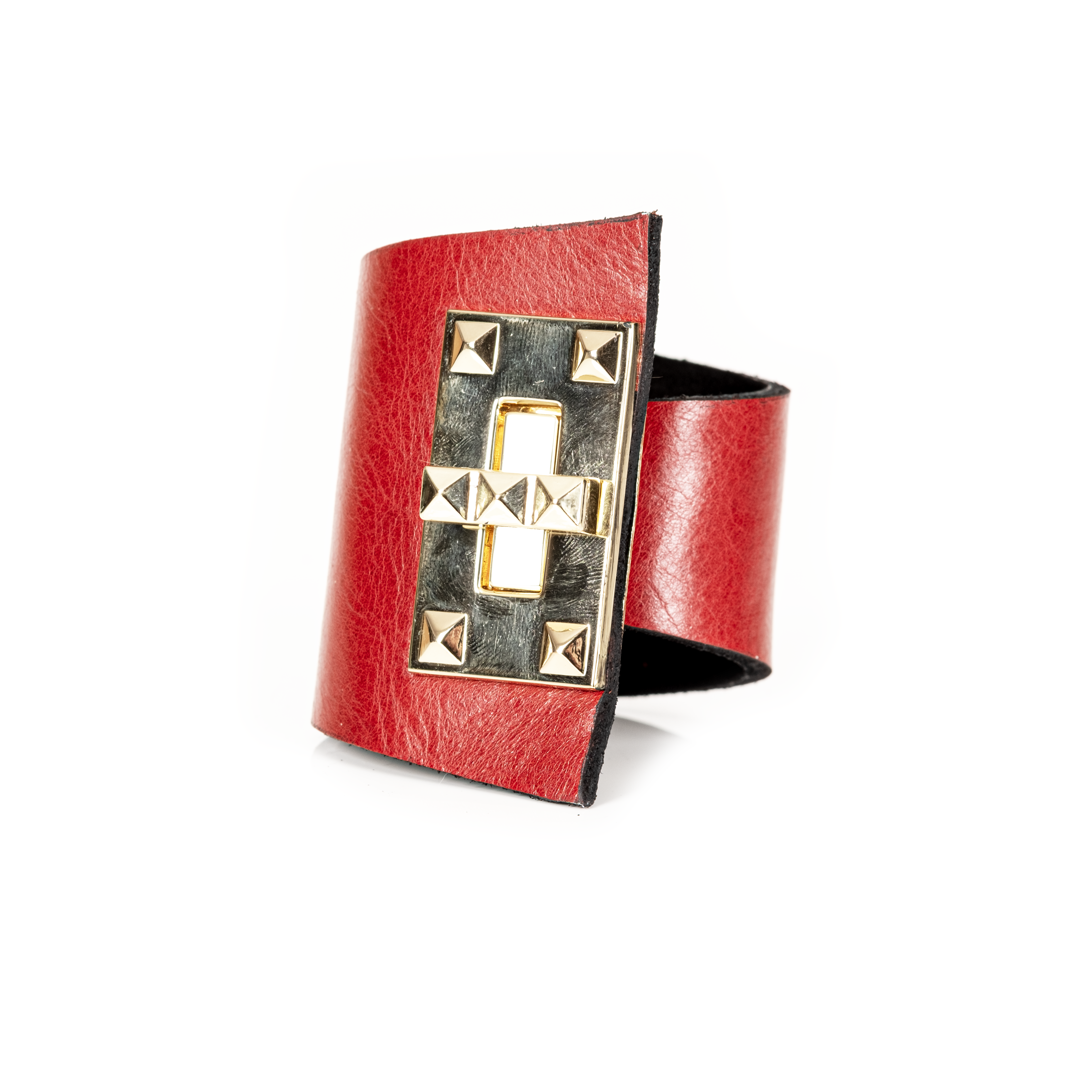 Wide Red Leather Cuff Bracelet with Gold Studded Turn
