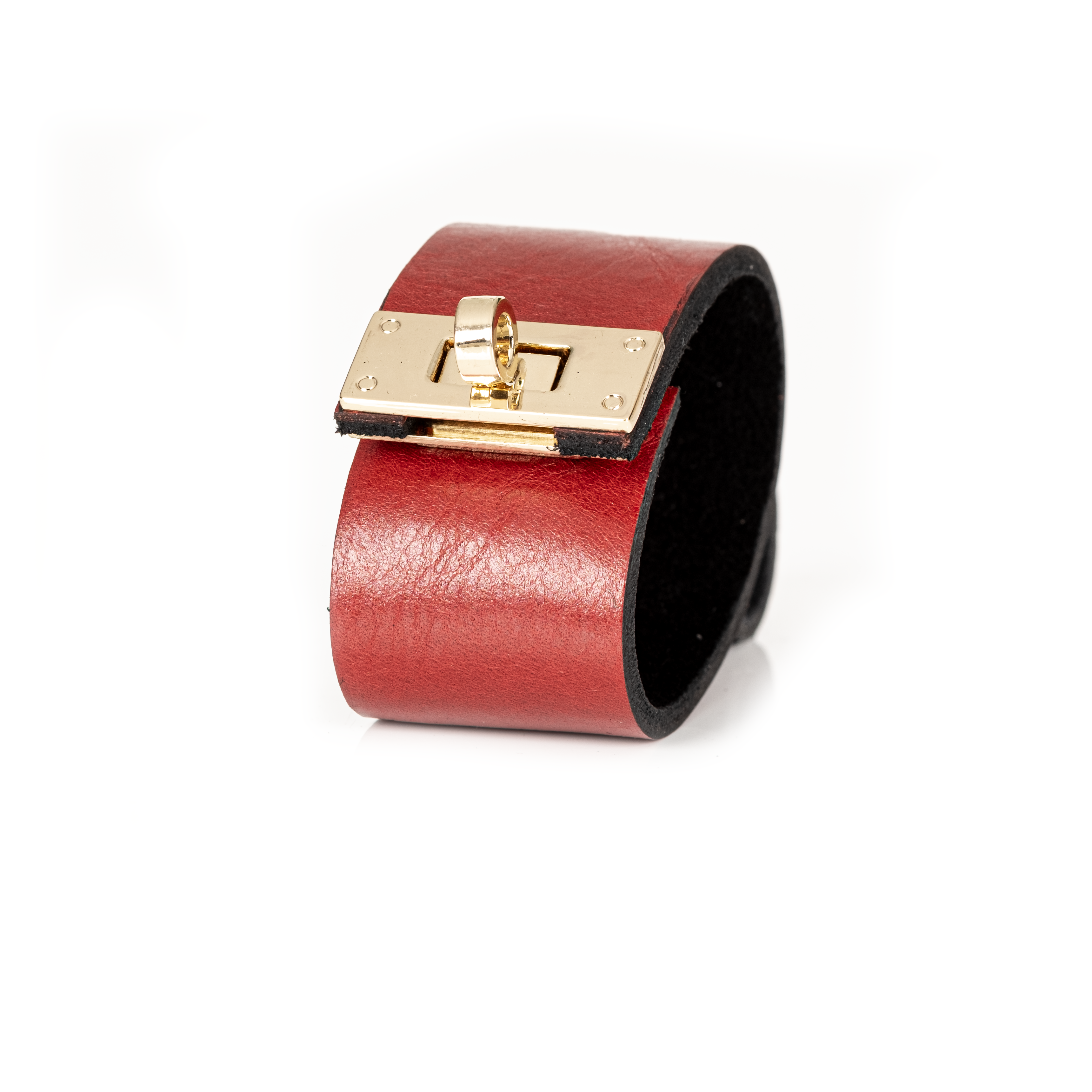 Red Wide Leather Cuff Bracelet with Gold Turn Lock Clasp