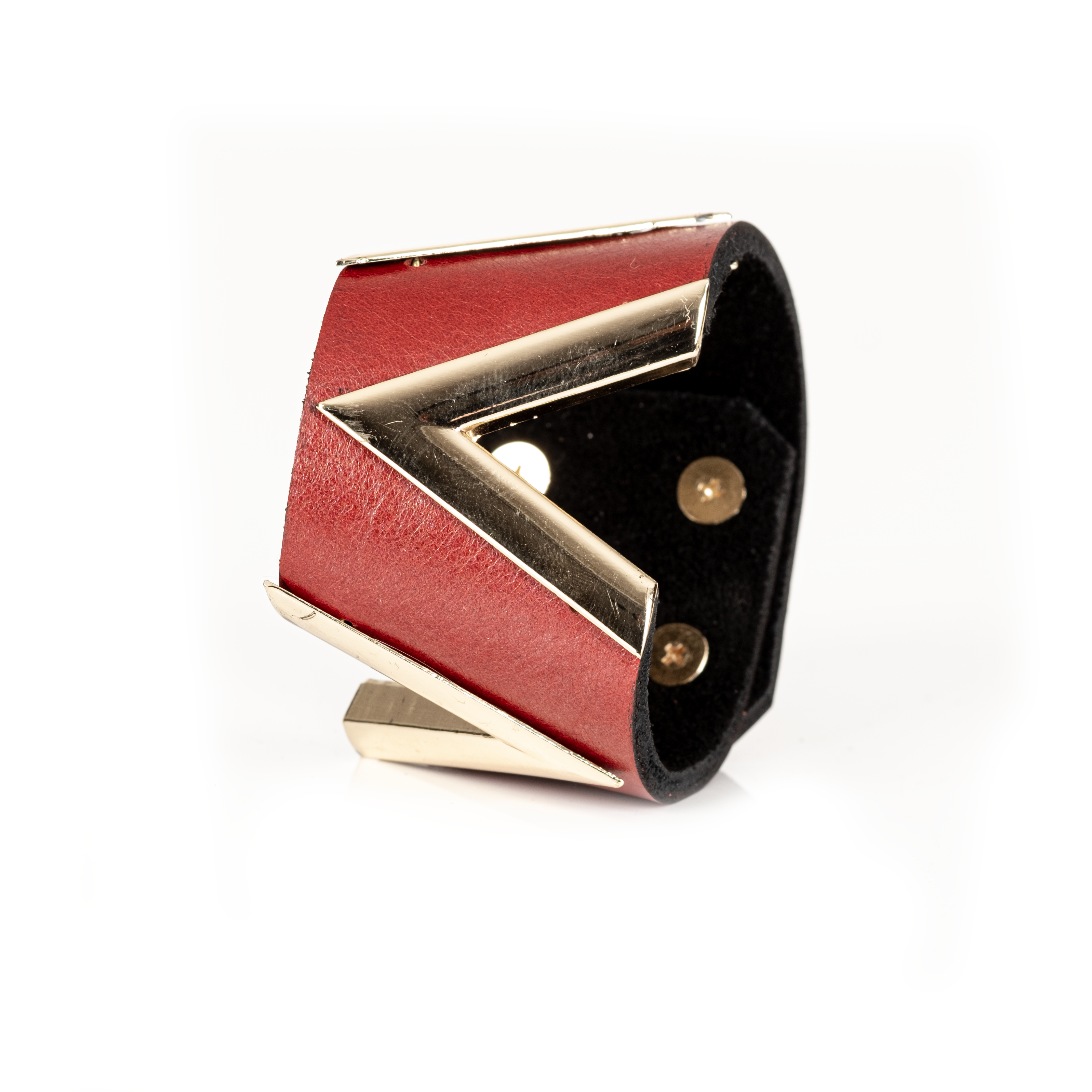 Red Leather Cuff Bracelet with Gold Chevron Detail