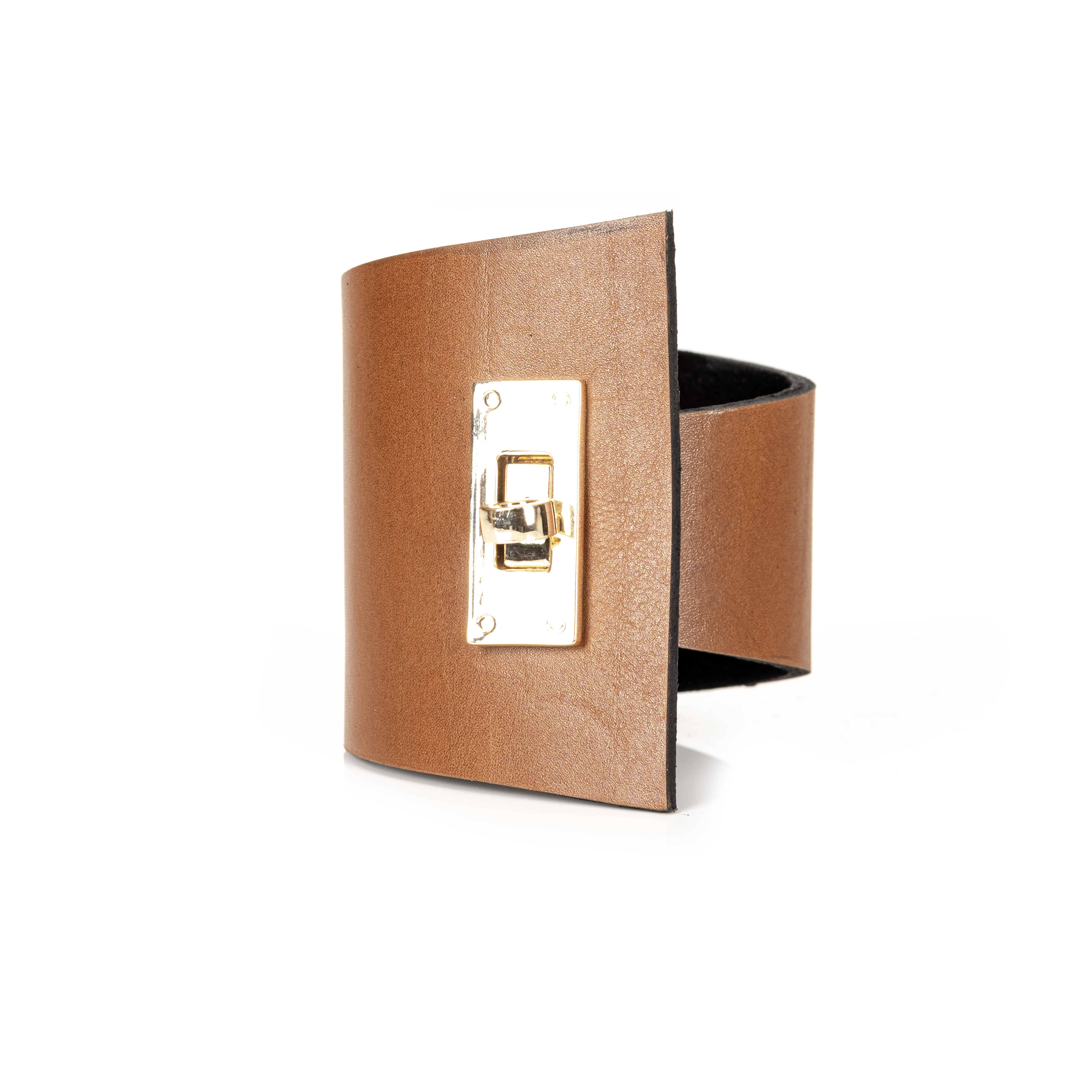 Lock Plate Leather Statement Cuff Bronze Brown