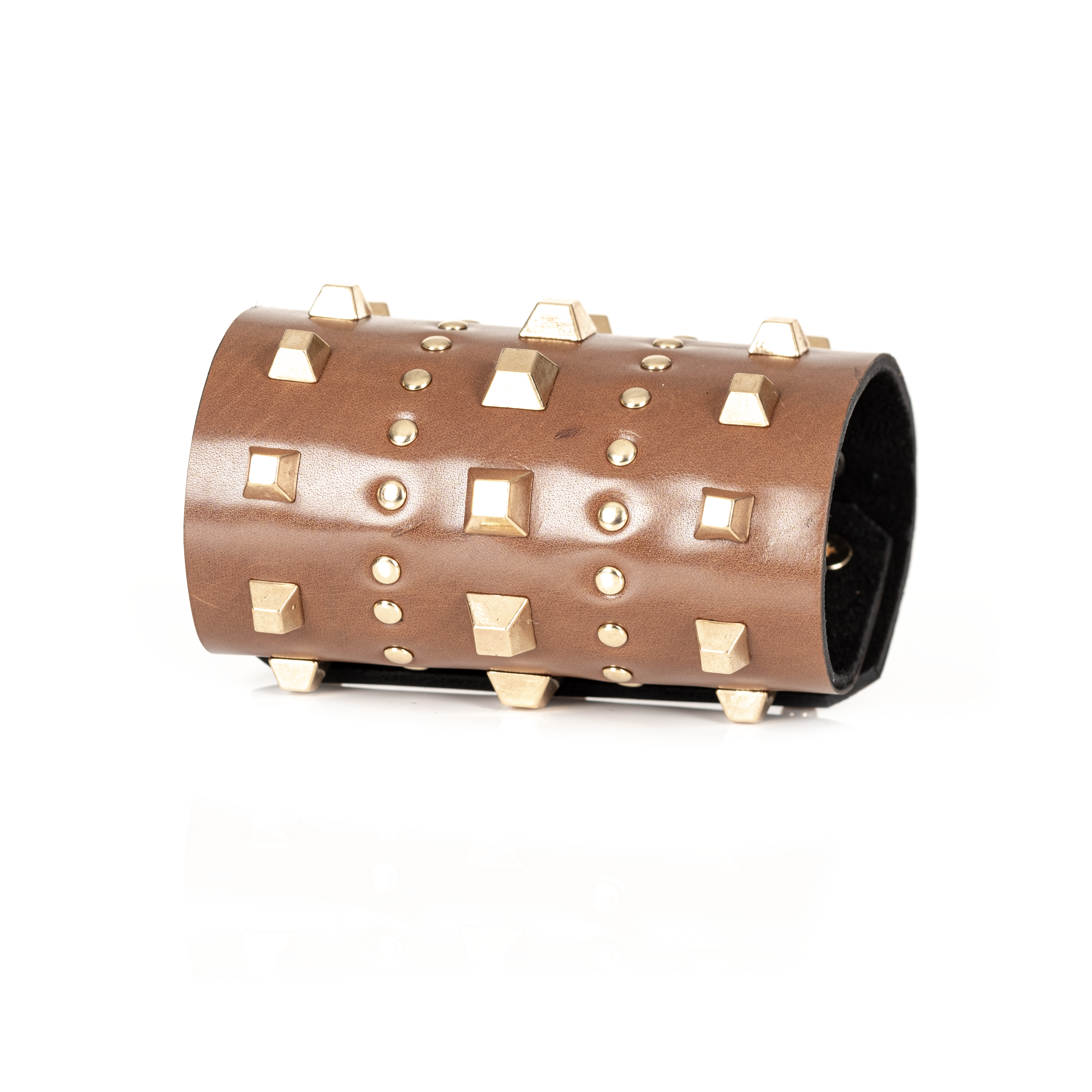 Brown Leather Multi-Stud Wide Cuff Bracelet