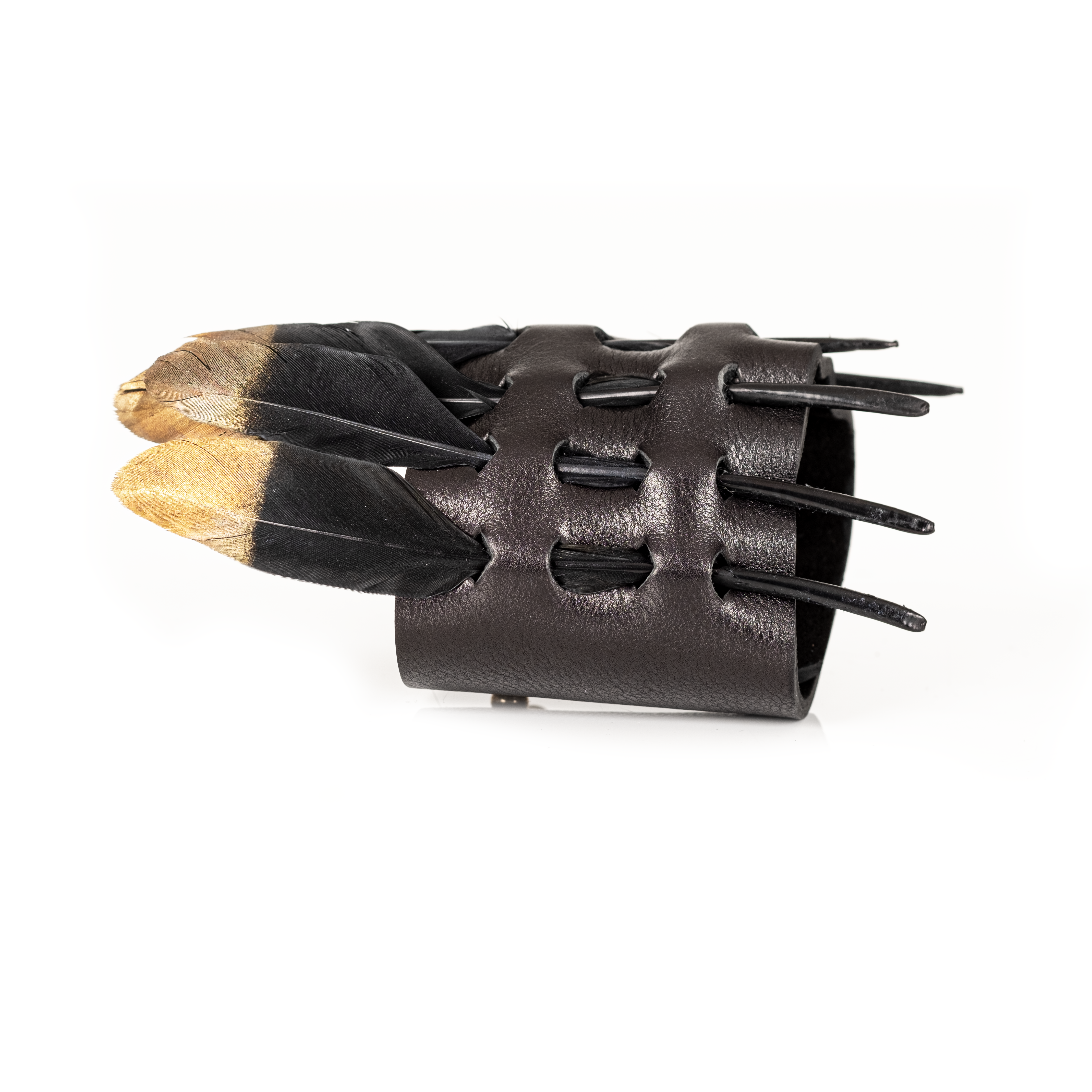 Black Leather Feather Cuff with Gold