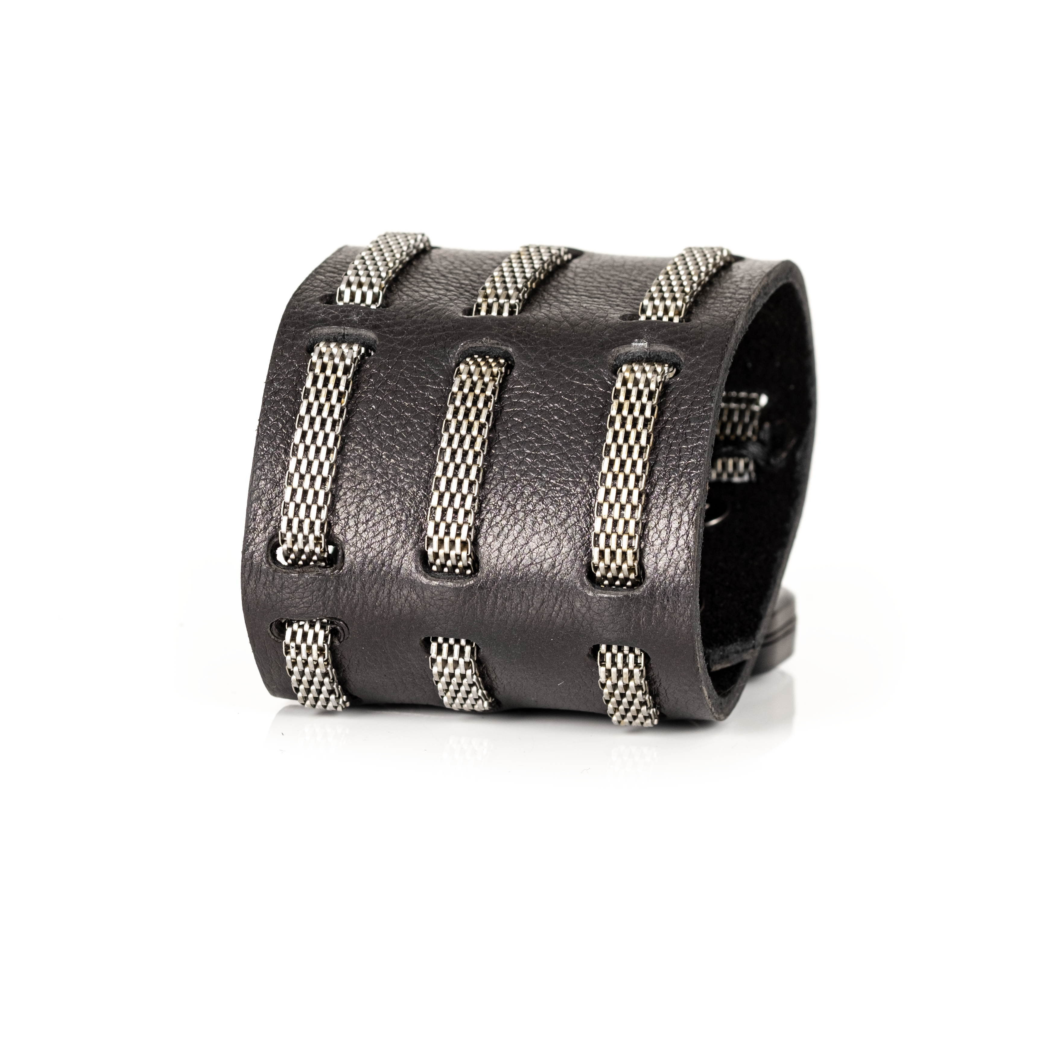 The Network Black Leather & Silver Woven Chain Bracelet