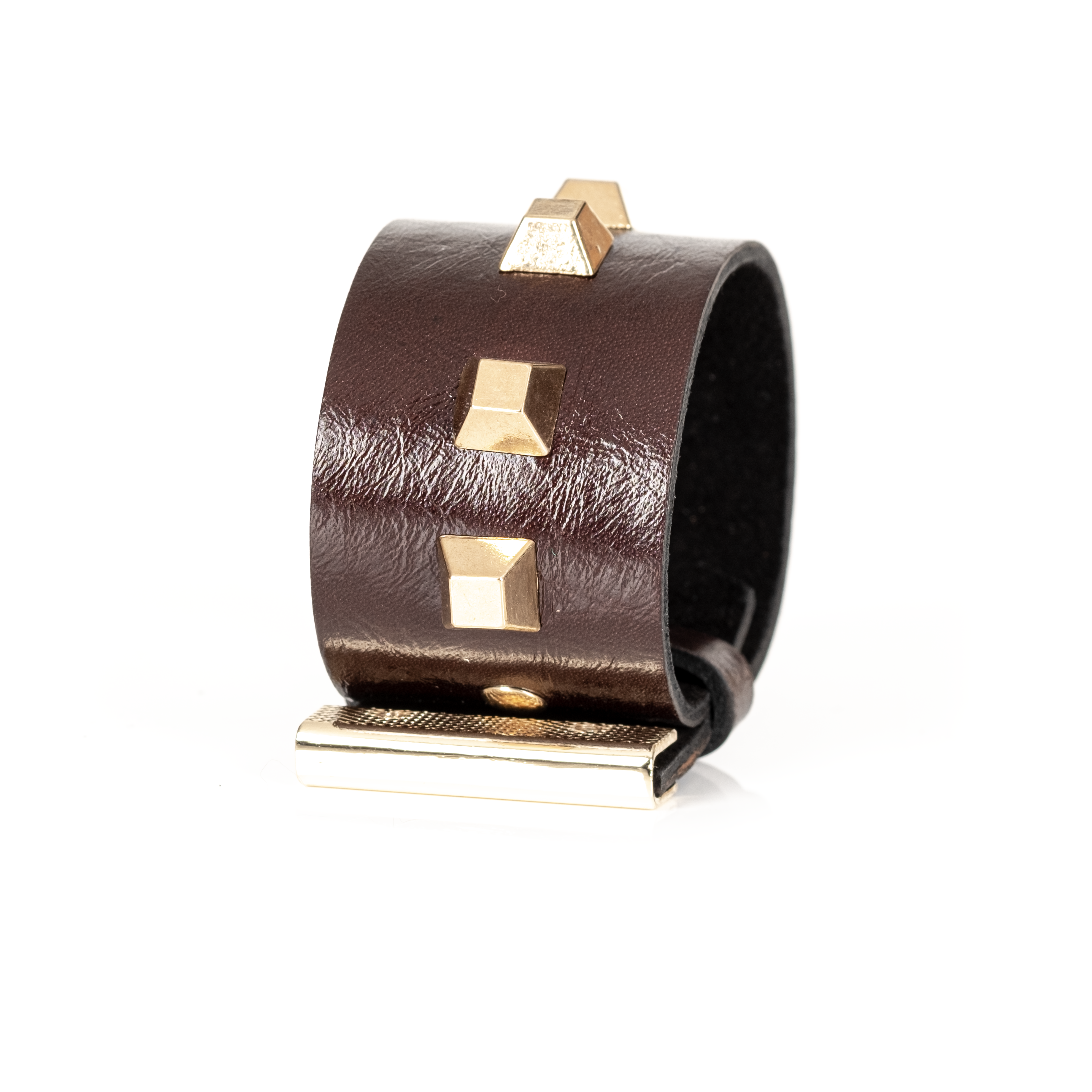 Eclipse Stud Cuff Brown Leather Bracelet with Gold Pyramid