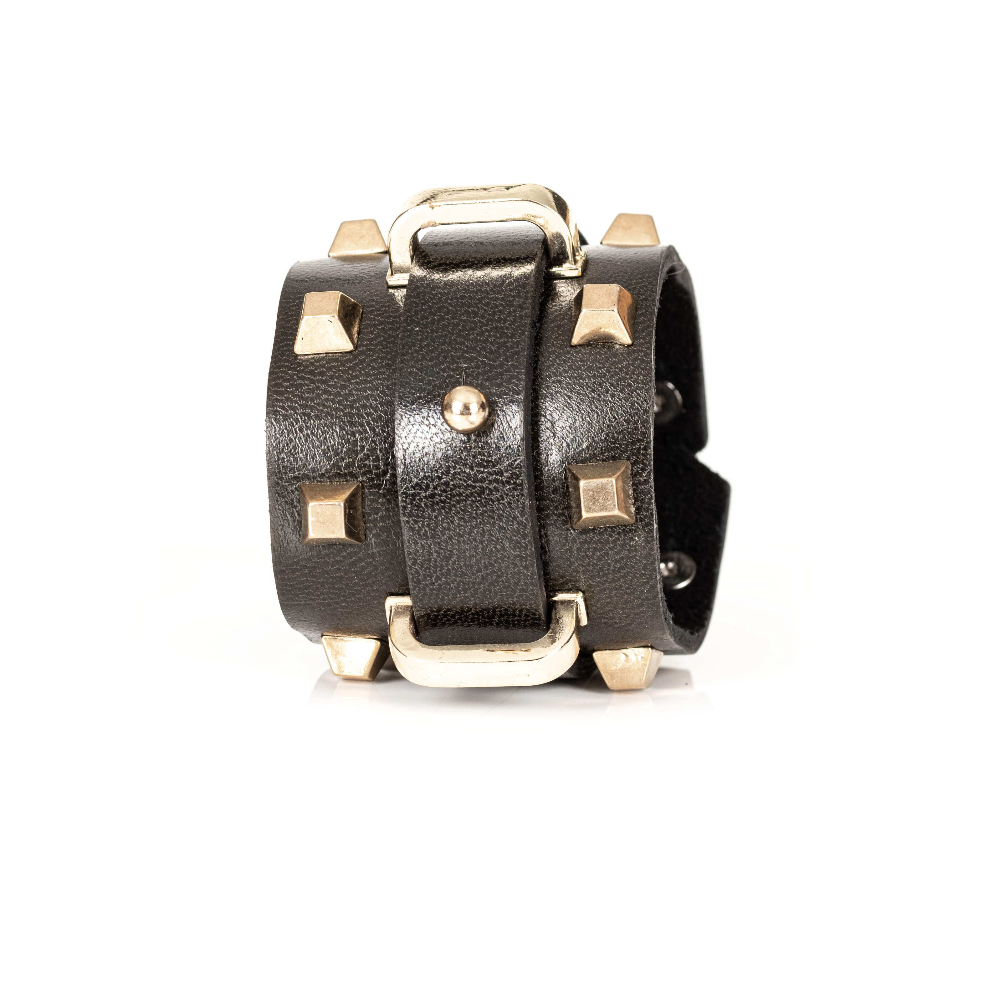 Empire Cuff Black Italian Leather Bracelet with Gold Studs
