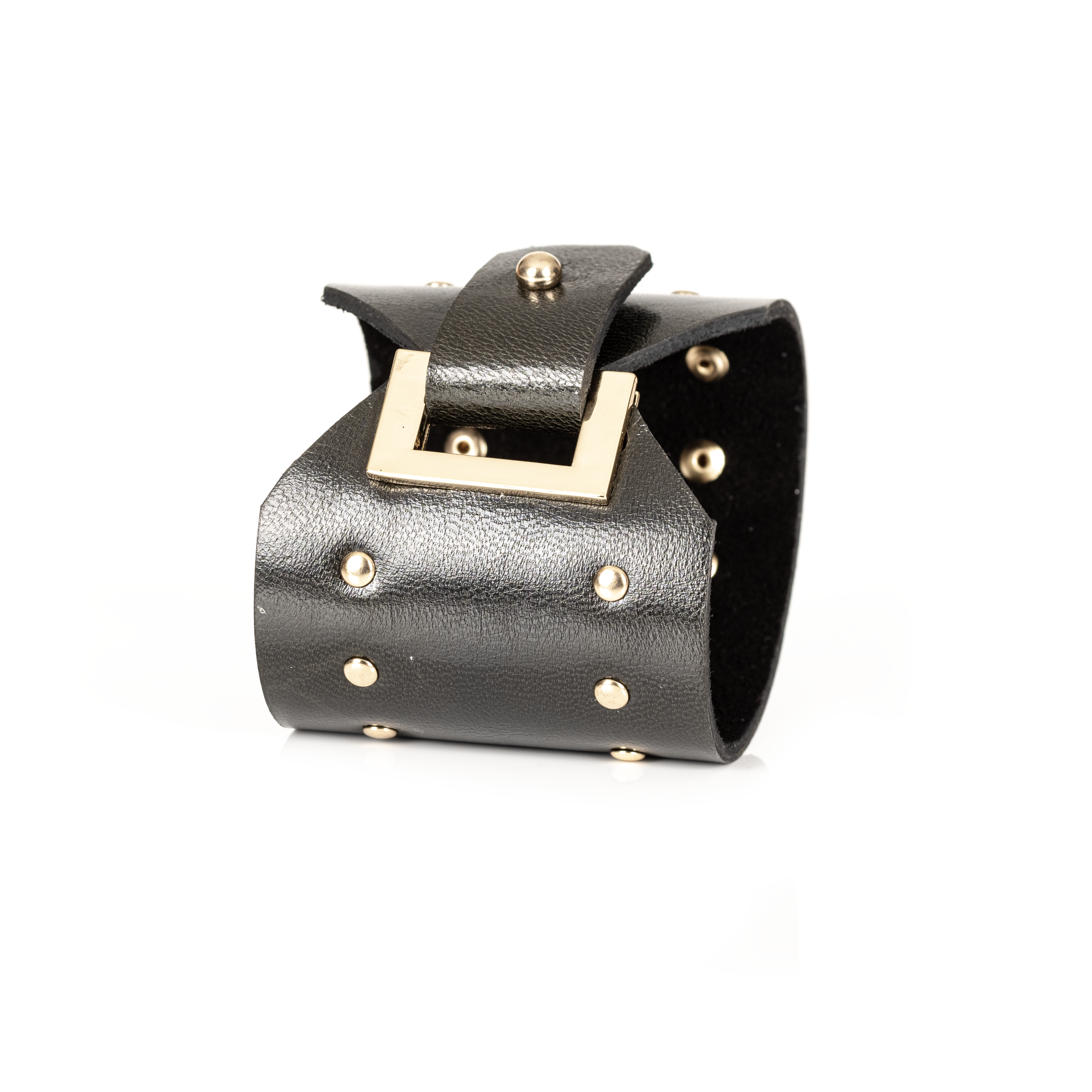 Command Cuff Black Italian Leather Bracelet with Gold Stud