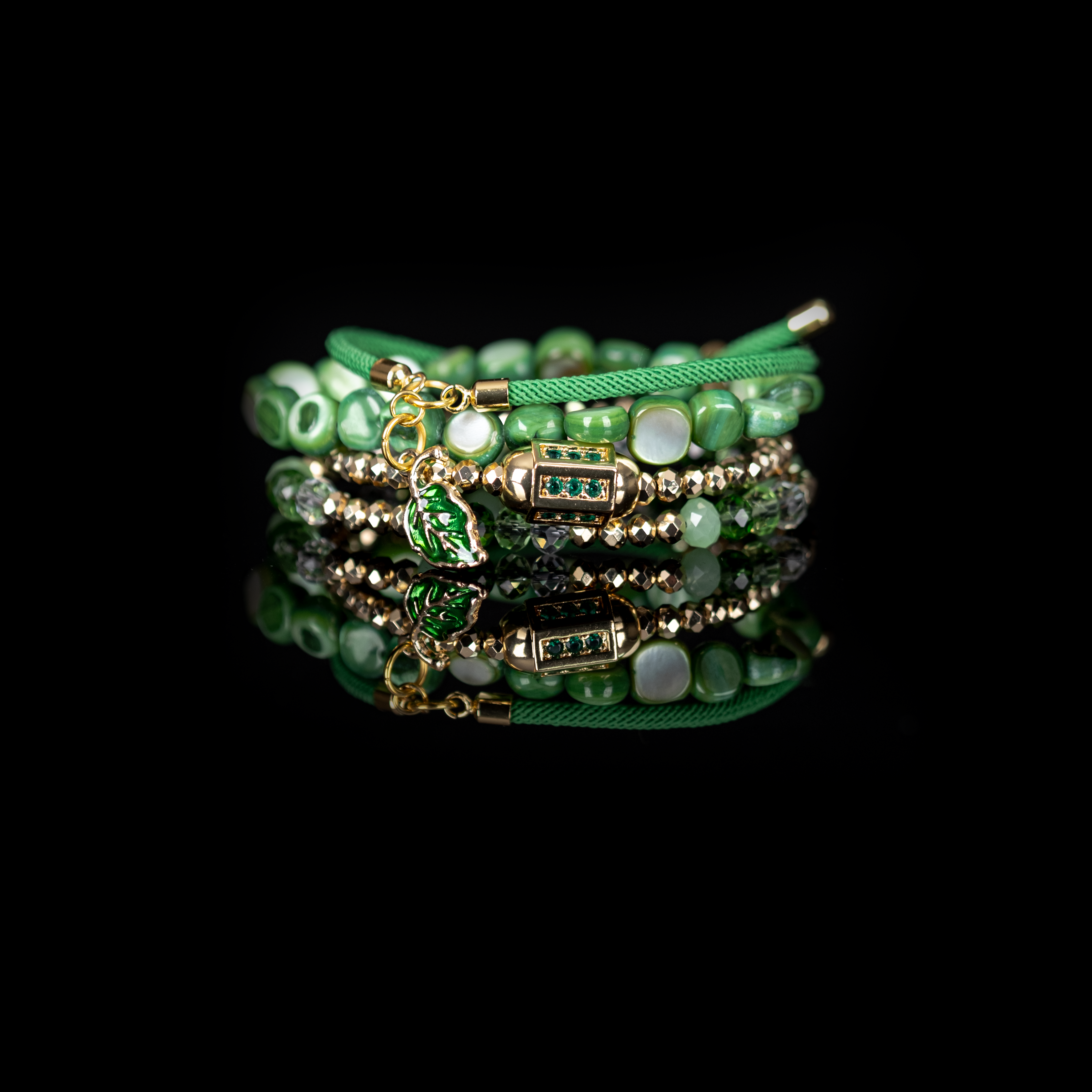 The Emerald Whisper Green & Gold Beaded Bracelet Set