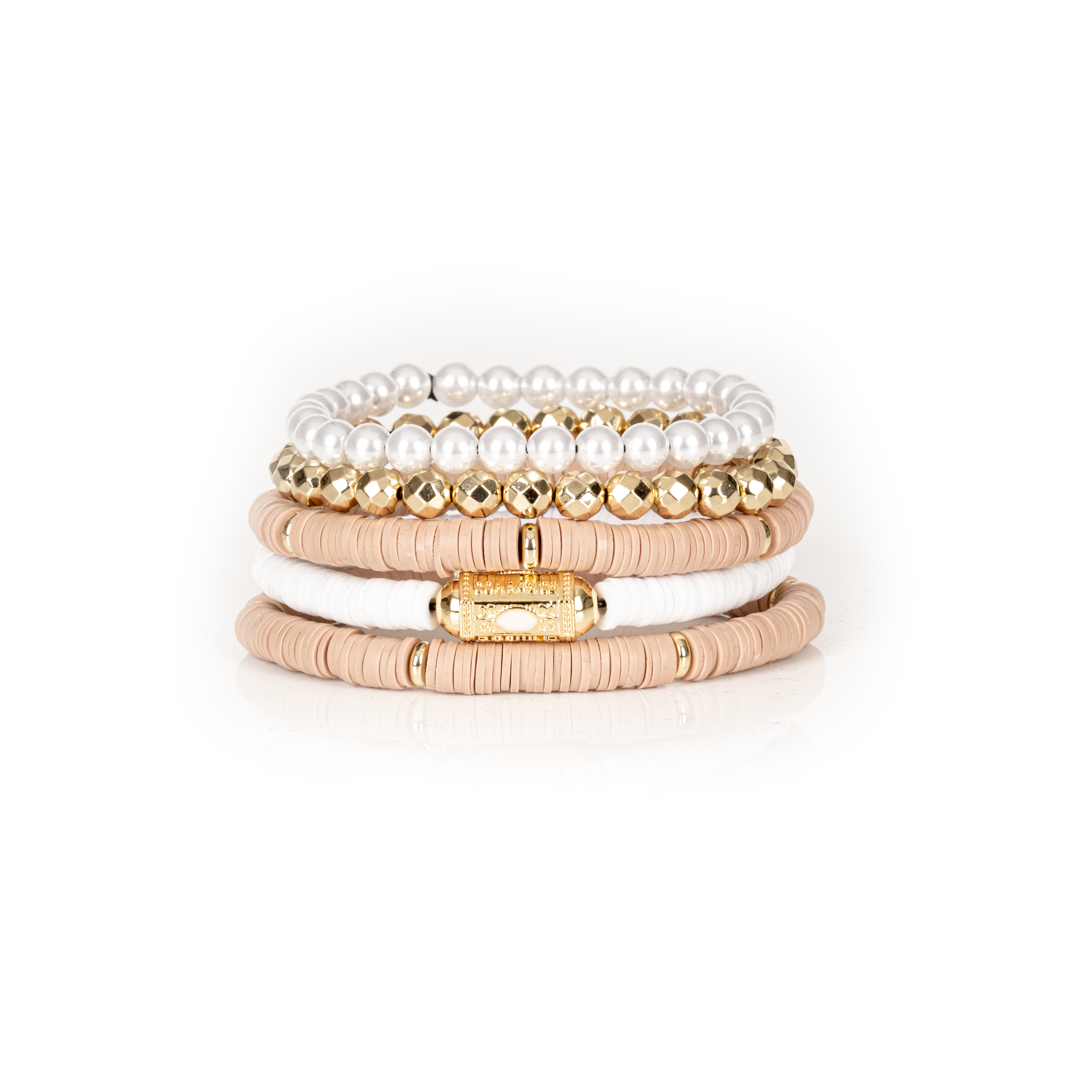 The Soft Glow Nude, White & Gold Layered Bracelet Set