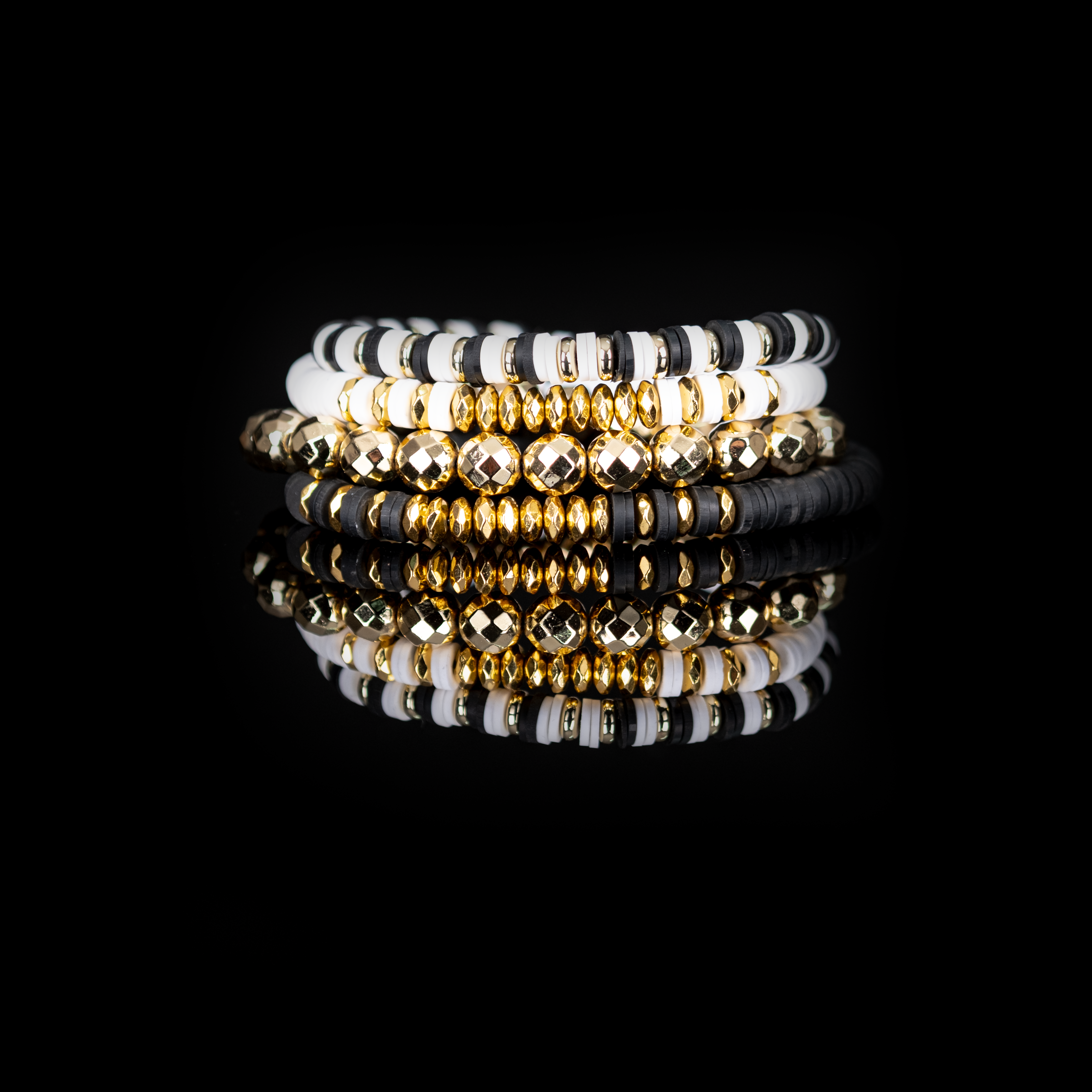 Layered Bead Stack Bracelet Black Ivory Gold
