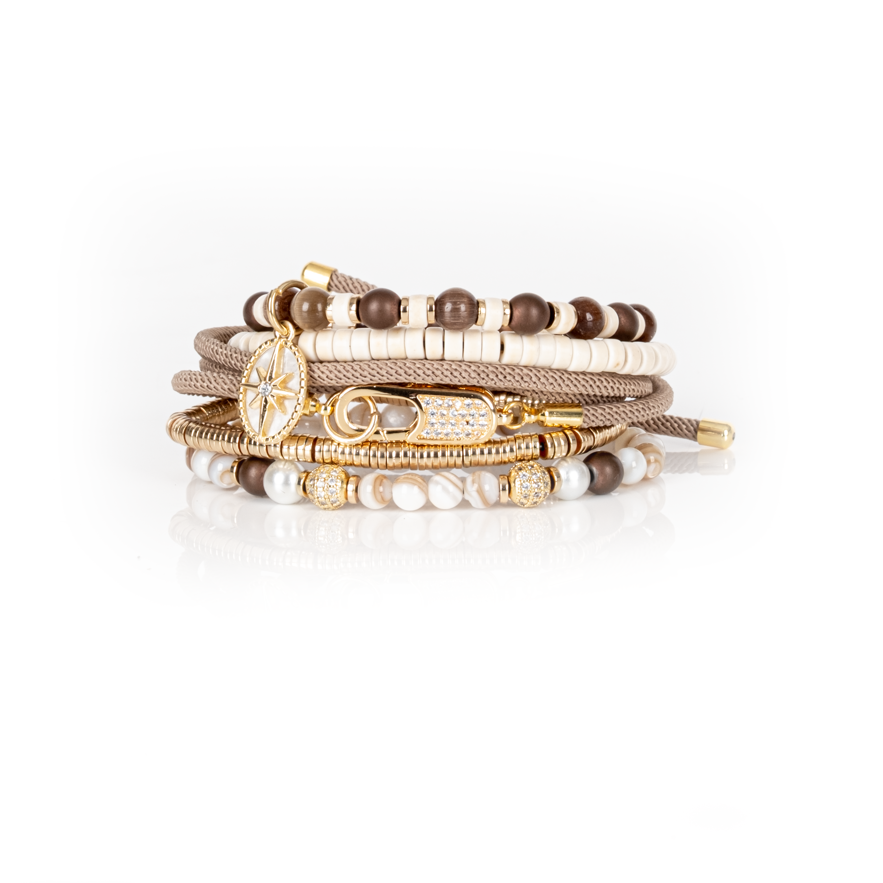 Ivory & Mocha Beaded Bracelet Stack Gold Compass Charm