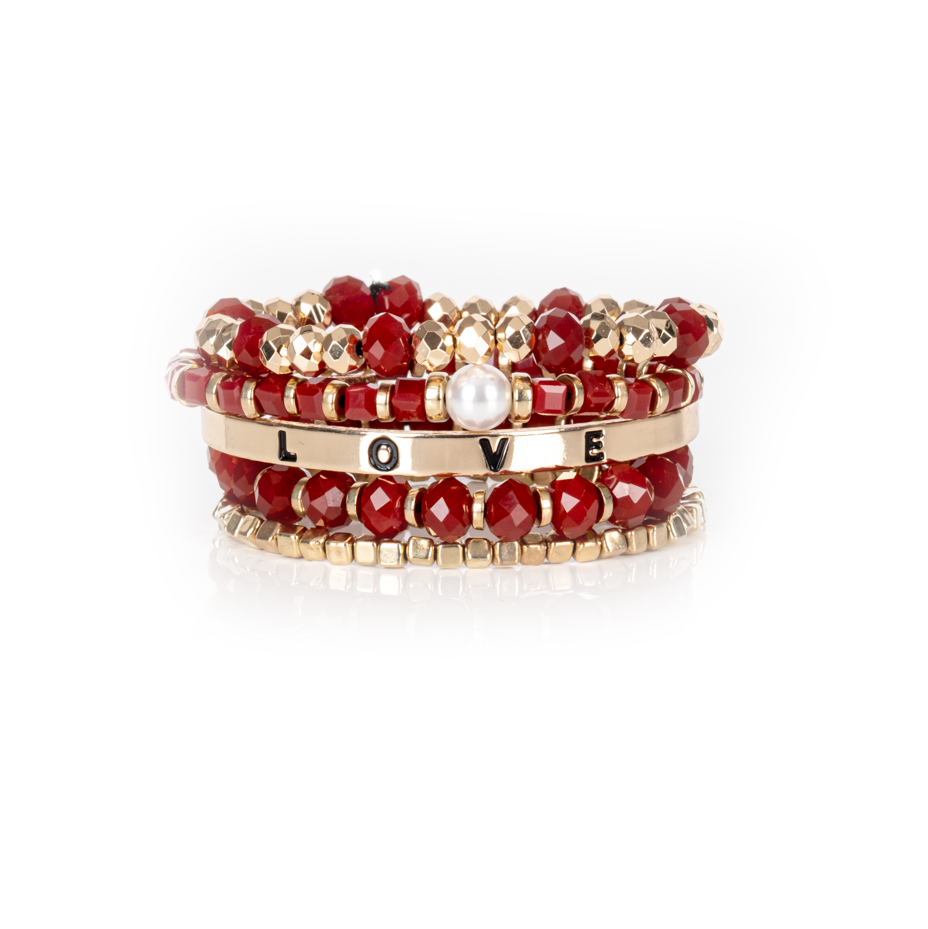 LOVE Red & Gold Beaded Bracelet Stack Pearl Charm Edition