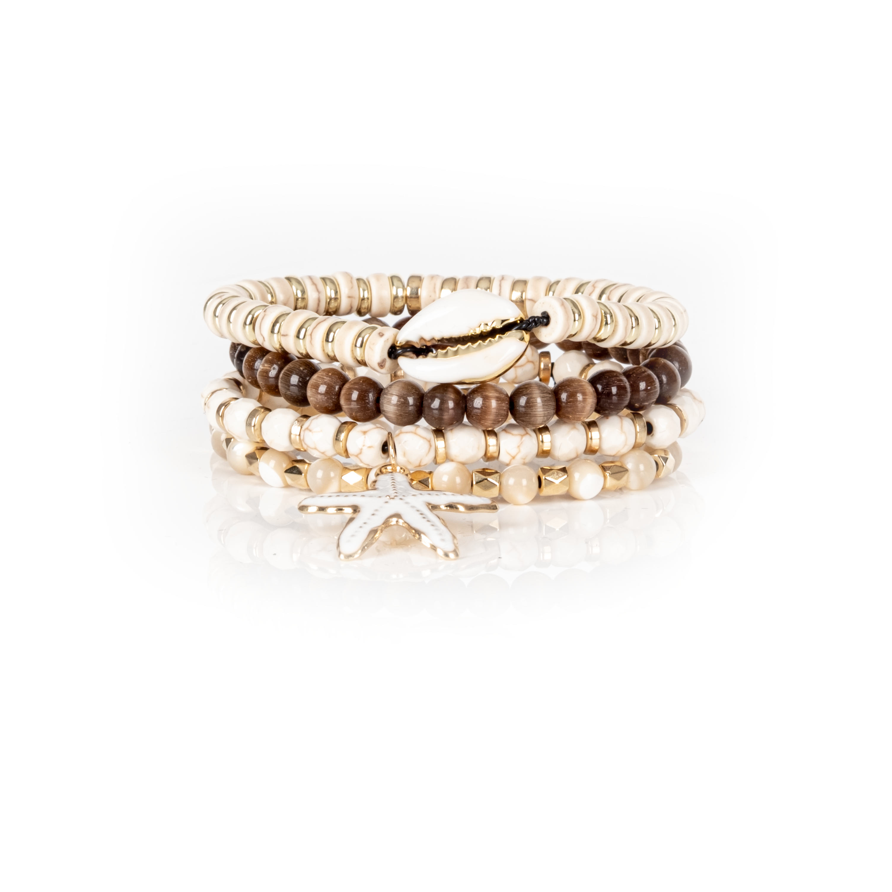 Coastal Cowrie Bracelet Stack Cream, Brown & Gold Starfish