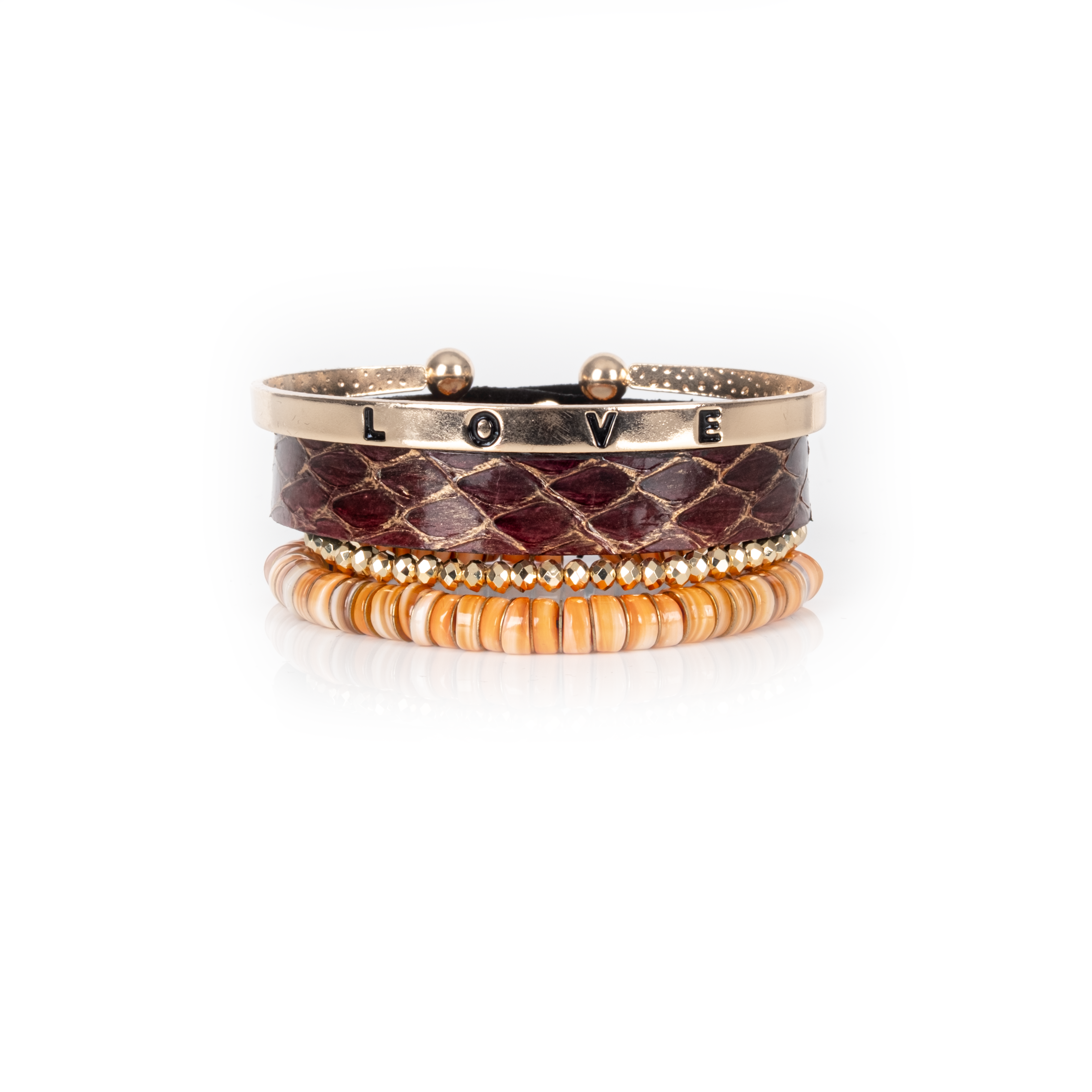 Python Leather Bracelet Stack with Gold “LOVE” Cuff & Orange