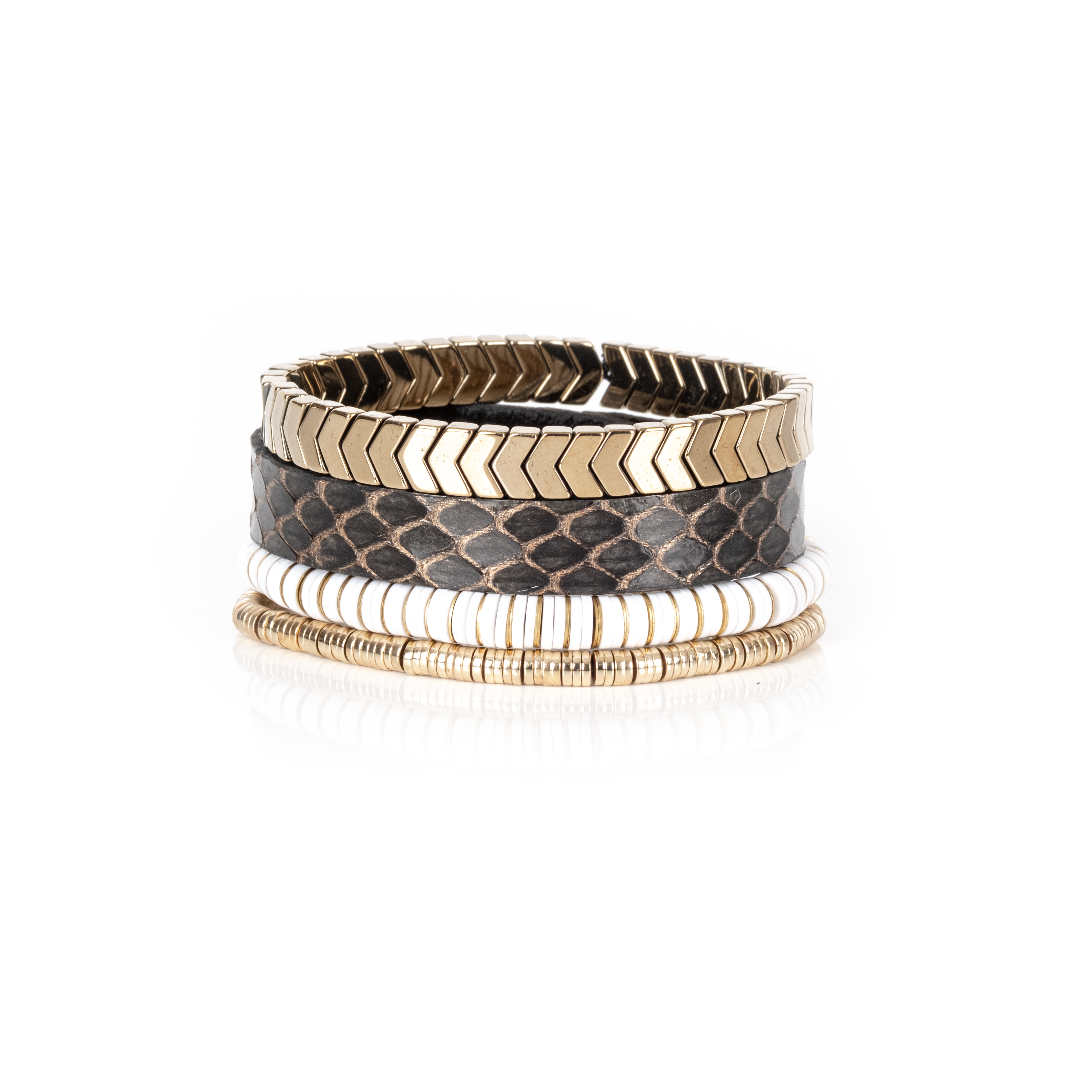 Python Leather Bracelet Stack with Gold Chevron Cuff & White