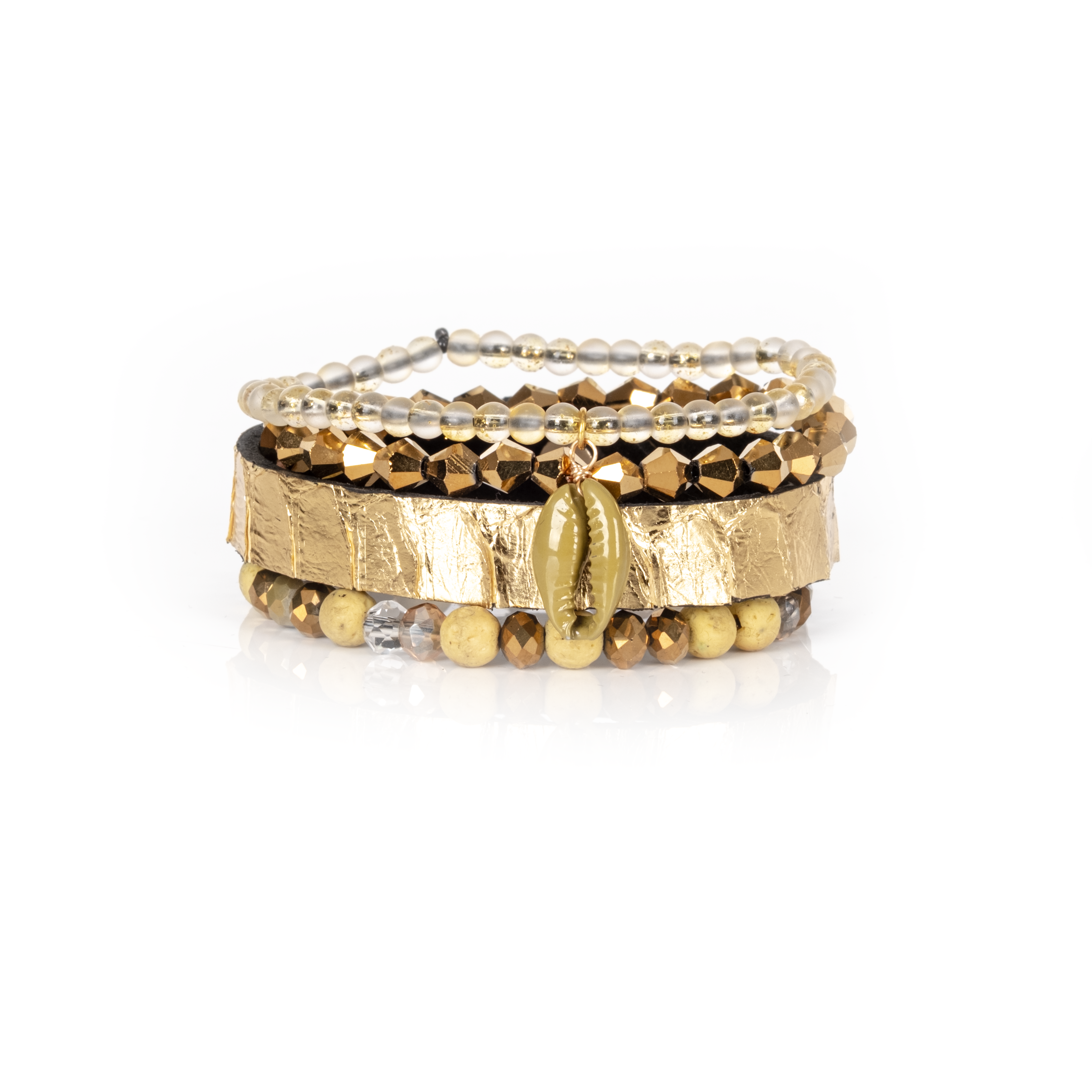 Gold Foil Wrap Bracelet Stack with Shell Charm & Crystal