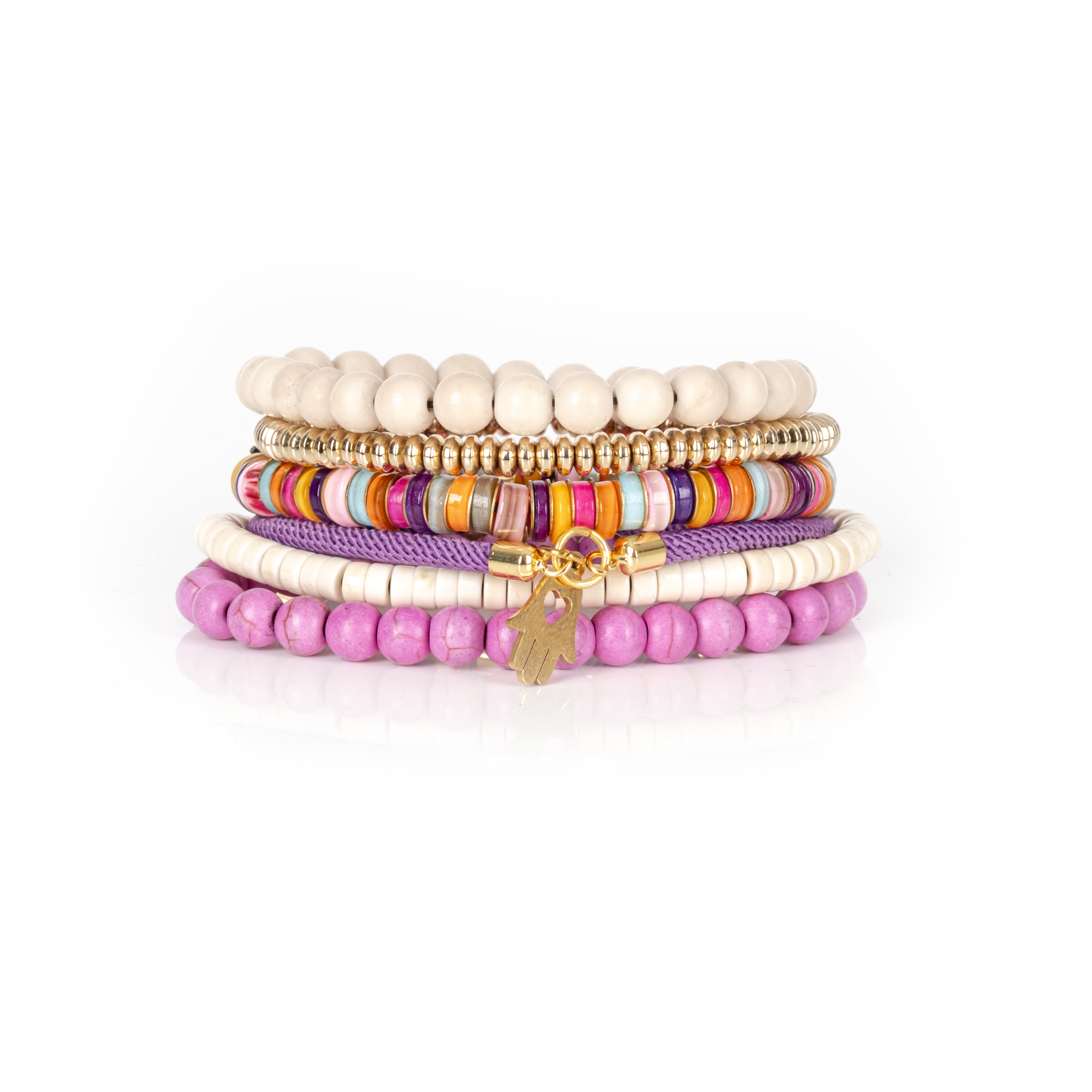 Colorful Heishi Bracelet Stack with Purple Beads & Gold