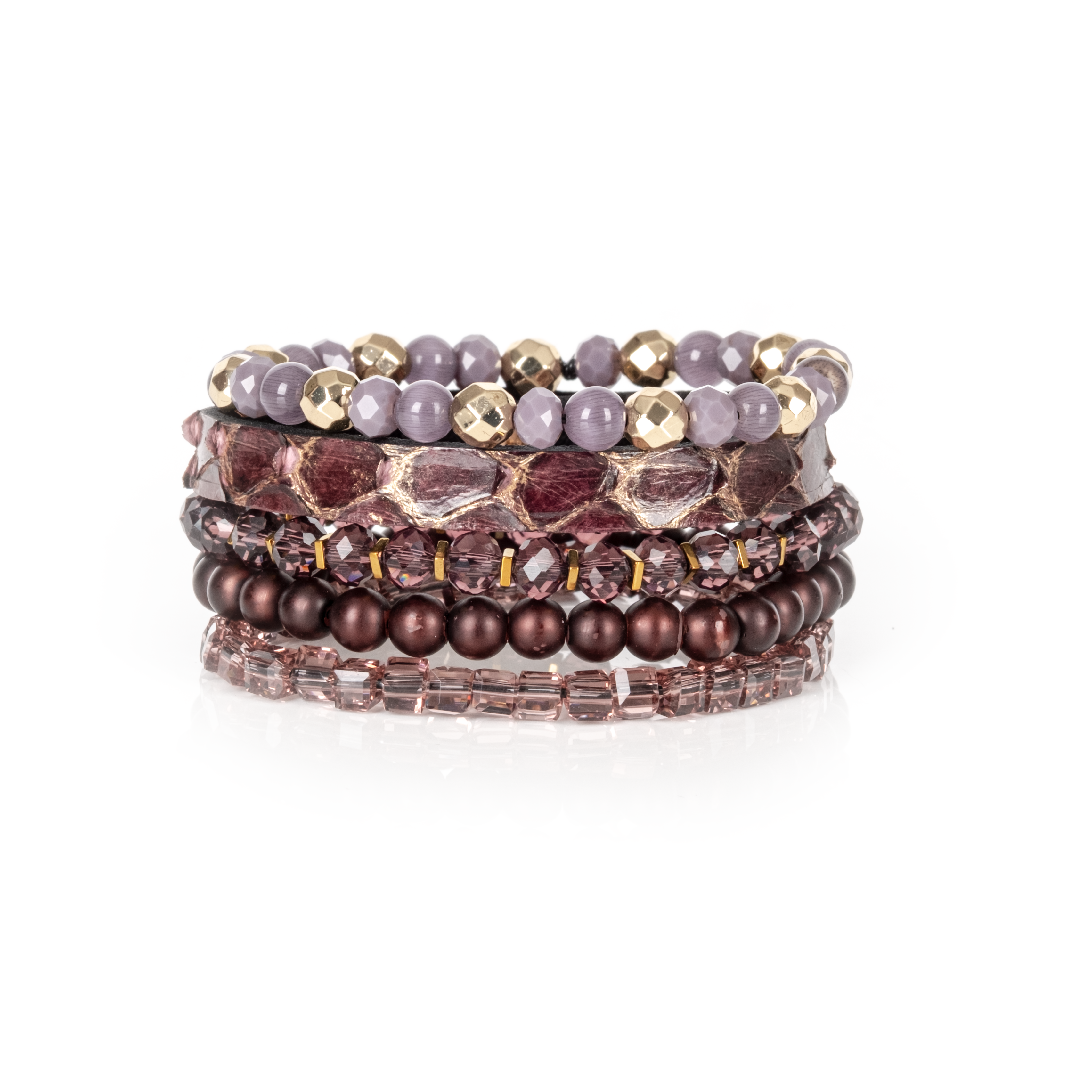 Python Leather Stack Bracelet Set Burgundy Smoke & Gold