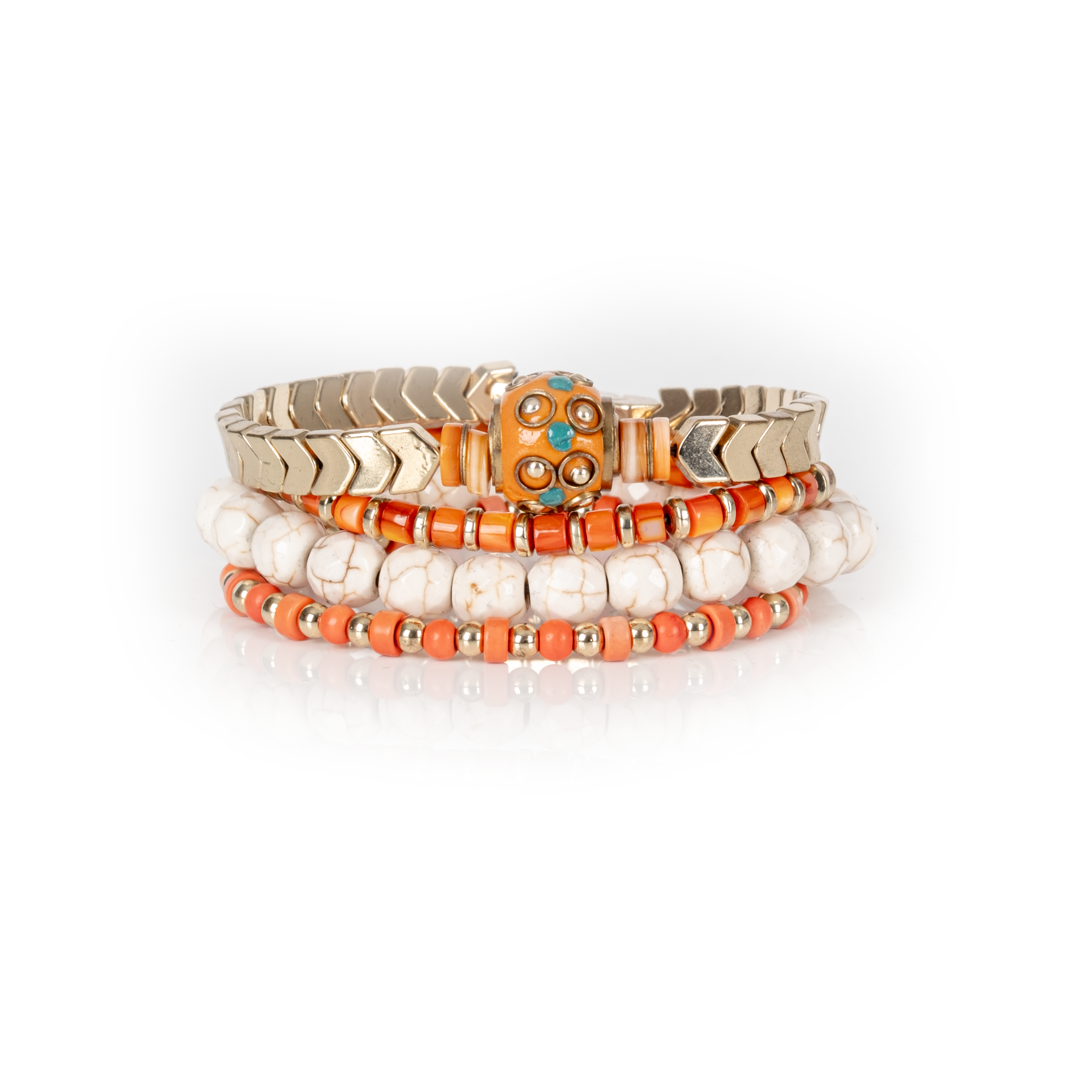 Orange & White Beaded Bracelet Stack Chevron Gold Accent
