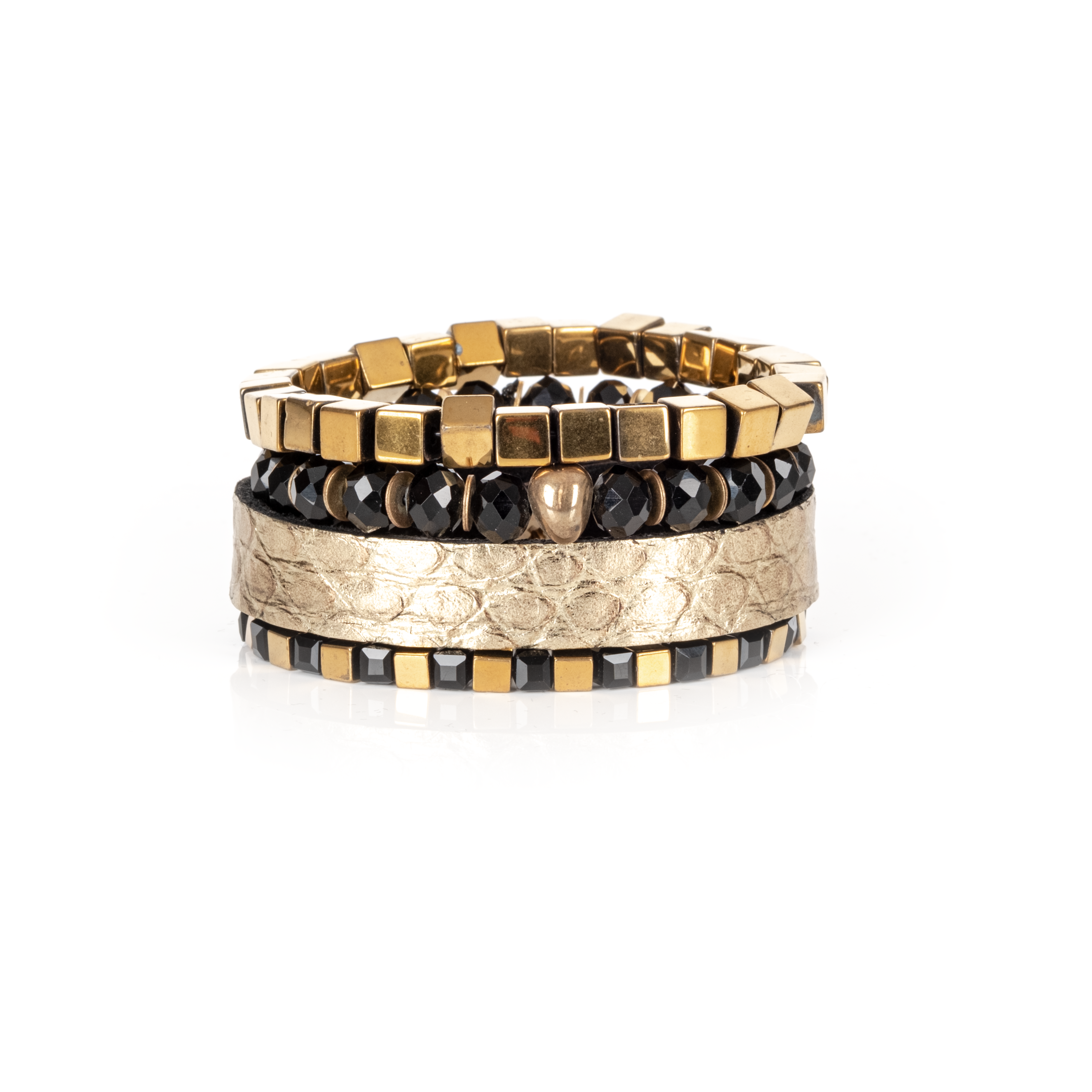 Gold Python Leather Bracelet Stack Black Crystal + Metal