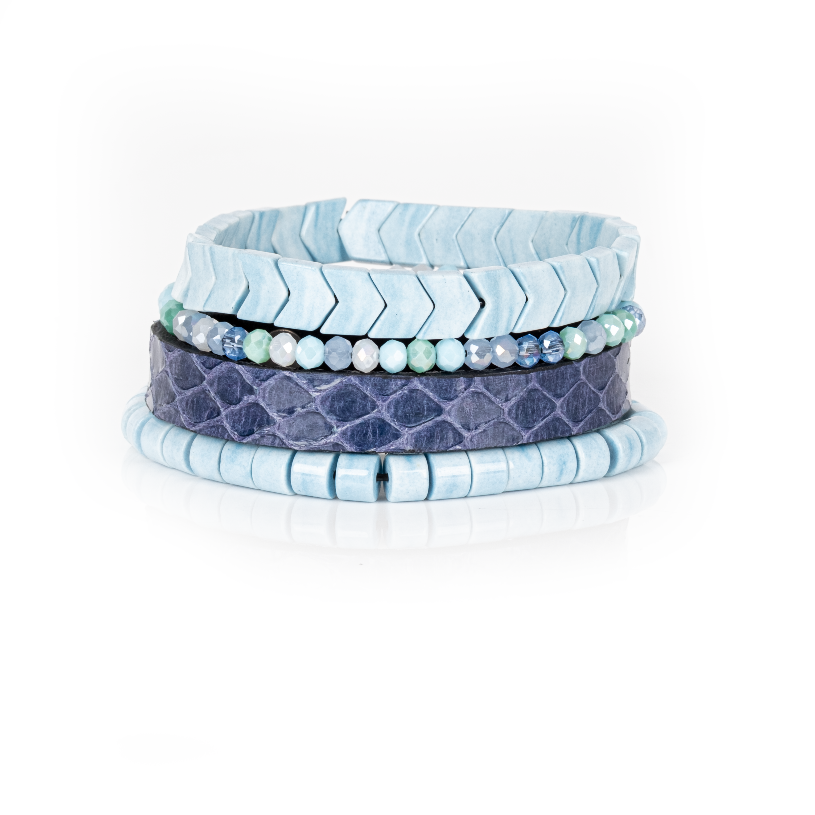 Python Leather & Chevron Tile Stack Bracelet Arctic Blue