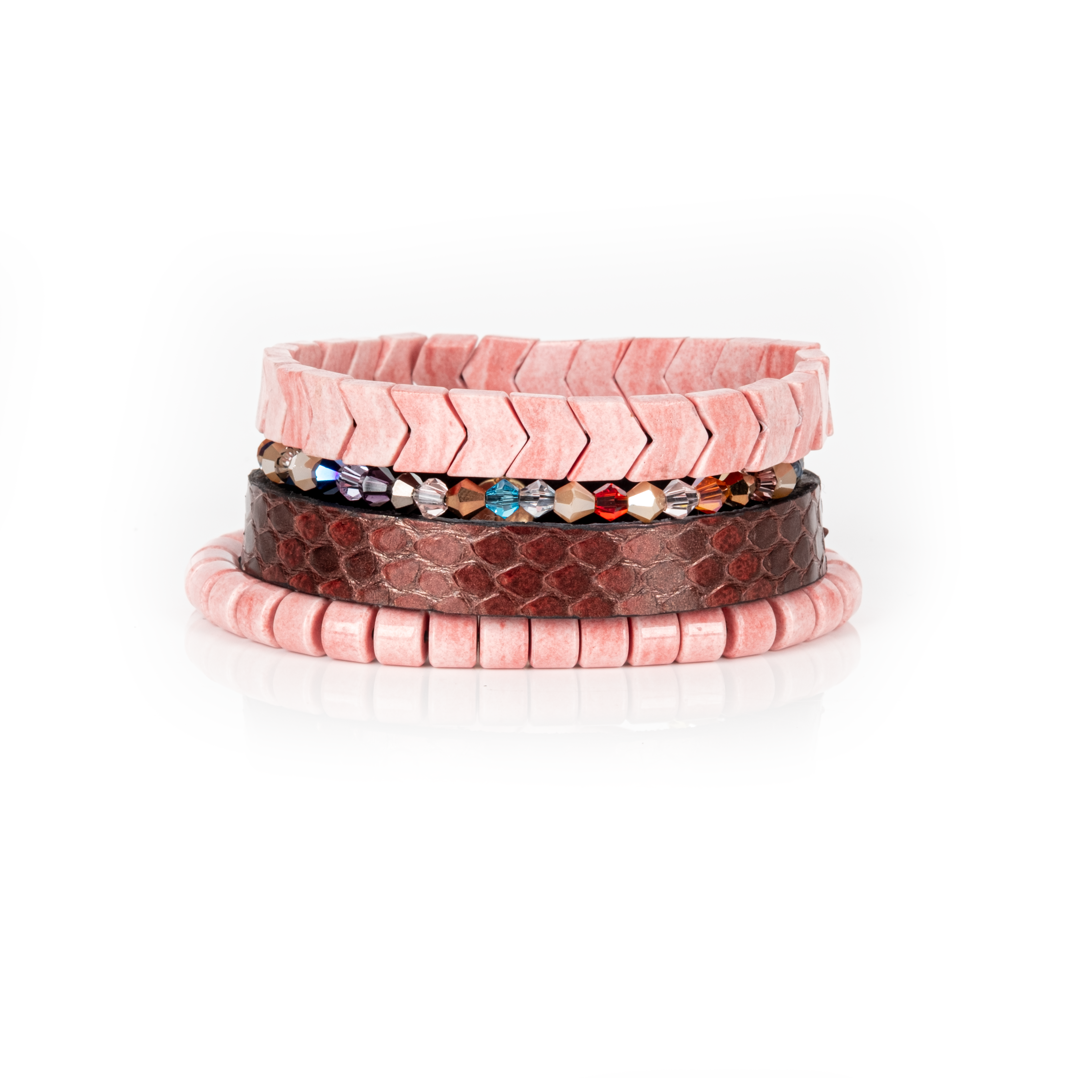 Python Leather & Chevron Tile Stack Bracelet Blush Rose