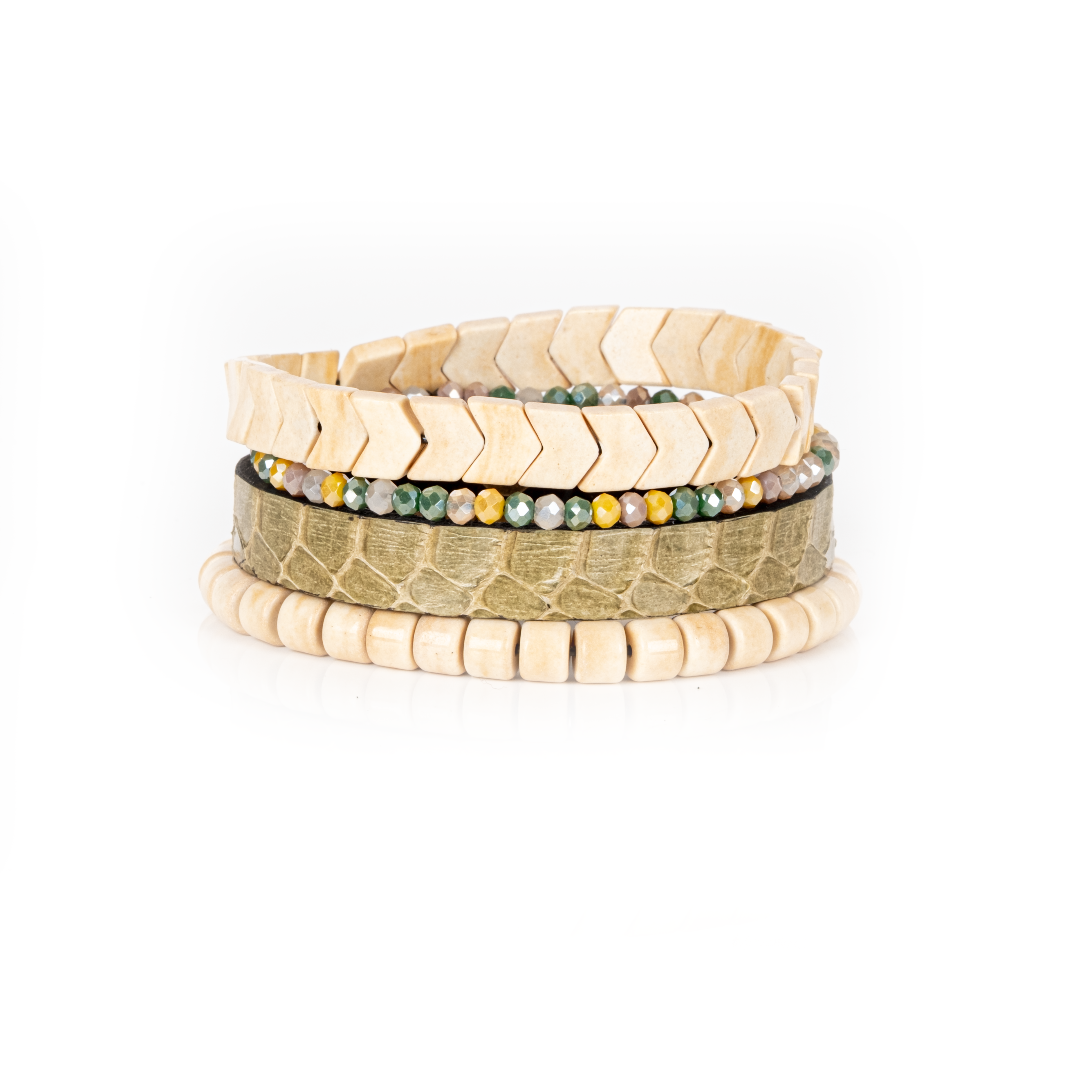 Python Leather & Chevron Tile Stack Bracelet Sandstone Olive