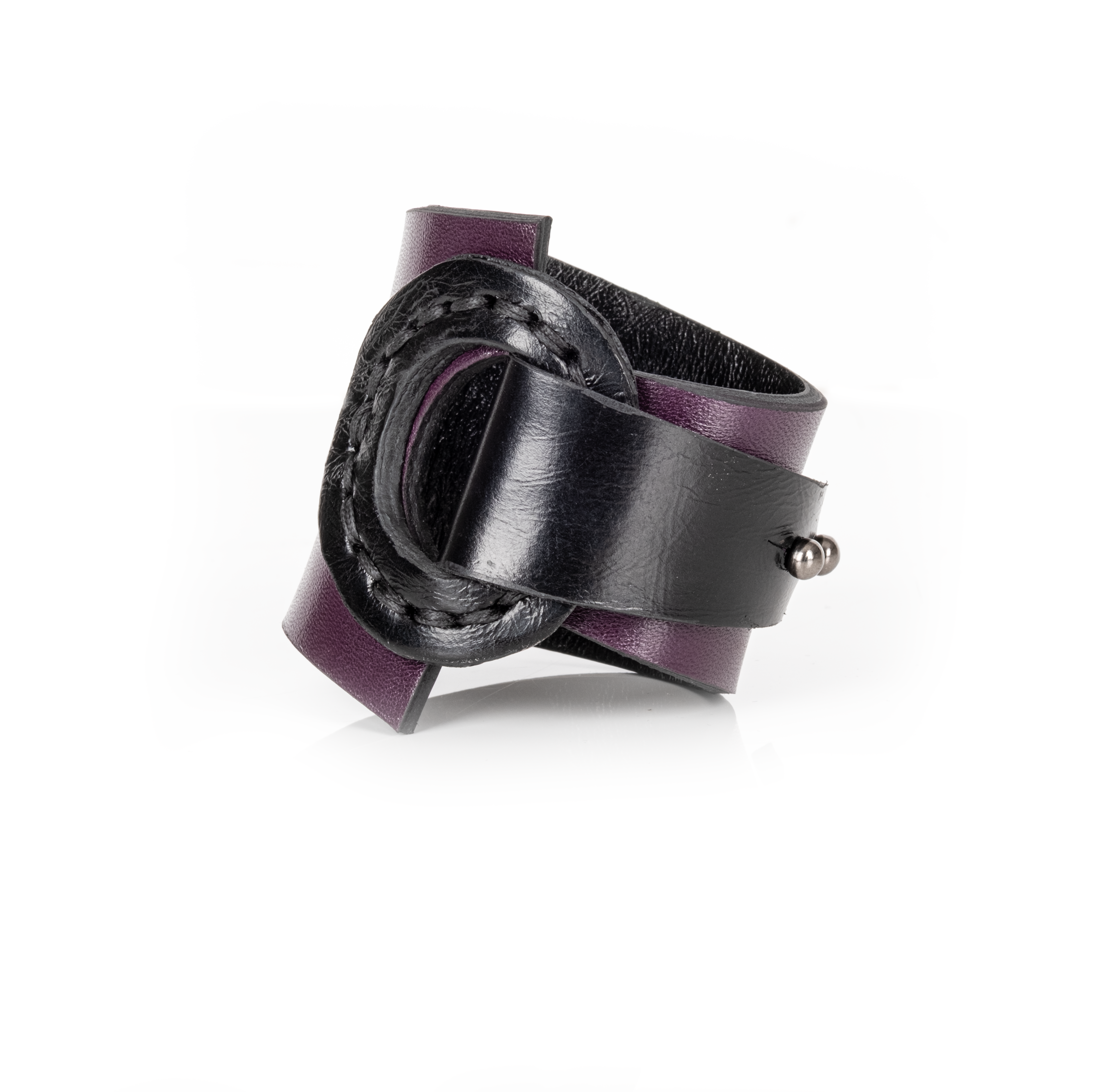 Black & Deep Plum Leather Wrap Bracelet Sculpted Ring