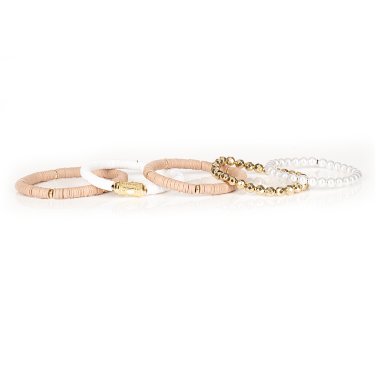 The Soft Glow Nude, White & Gold Layered Bracelet Set
