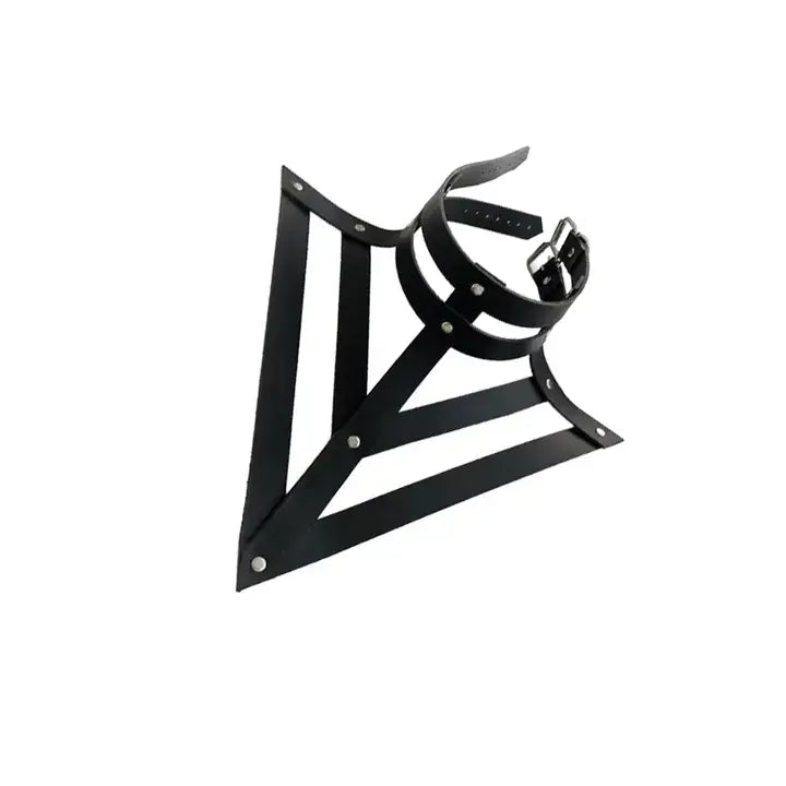 Black leather geometric harness choker with a triangular strap structure and double collar design, displayed on a white background.
