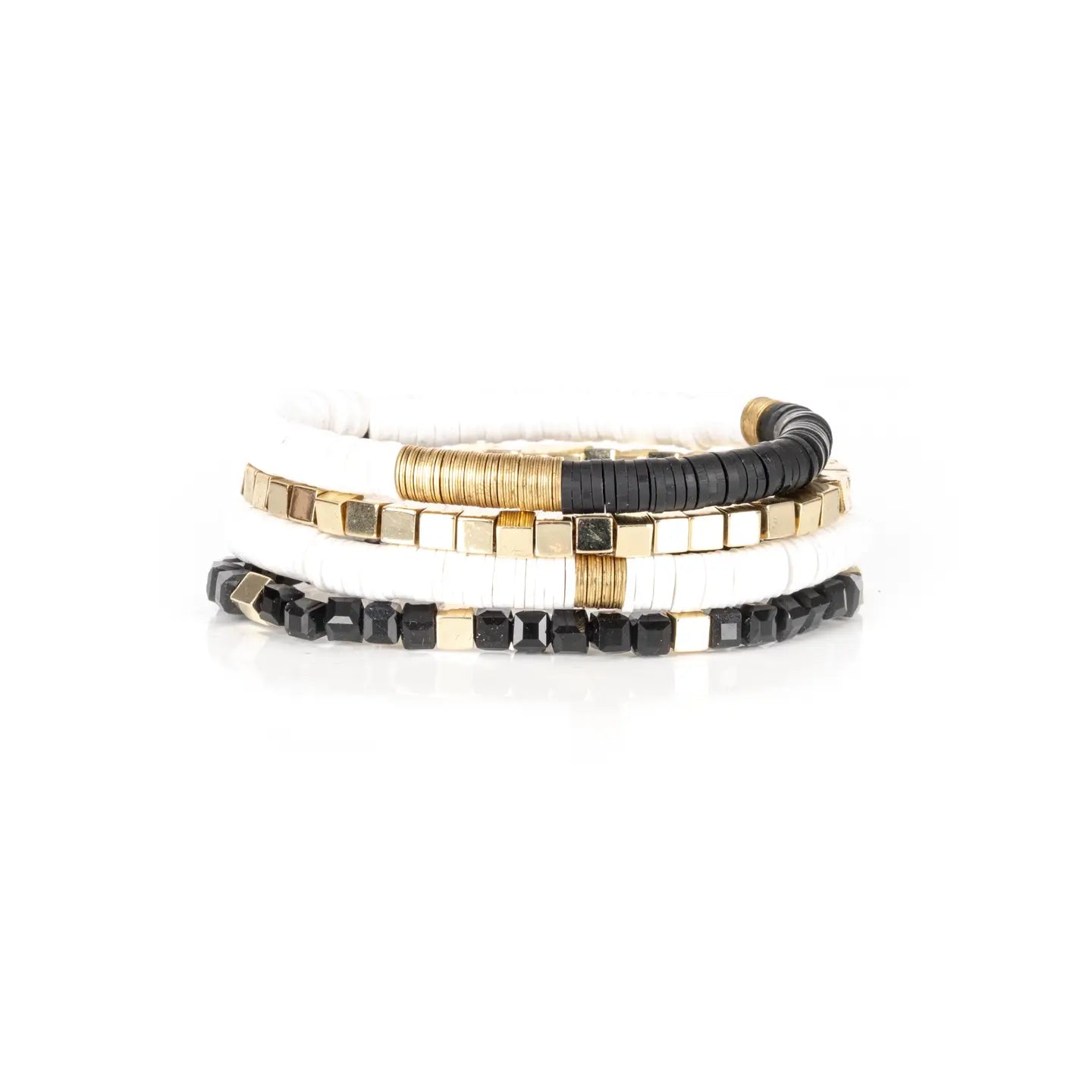 Black + White Beaded Bracelet Stack Gold Accent Layered Set